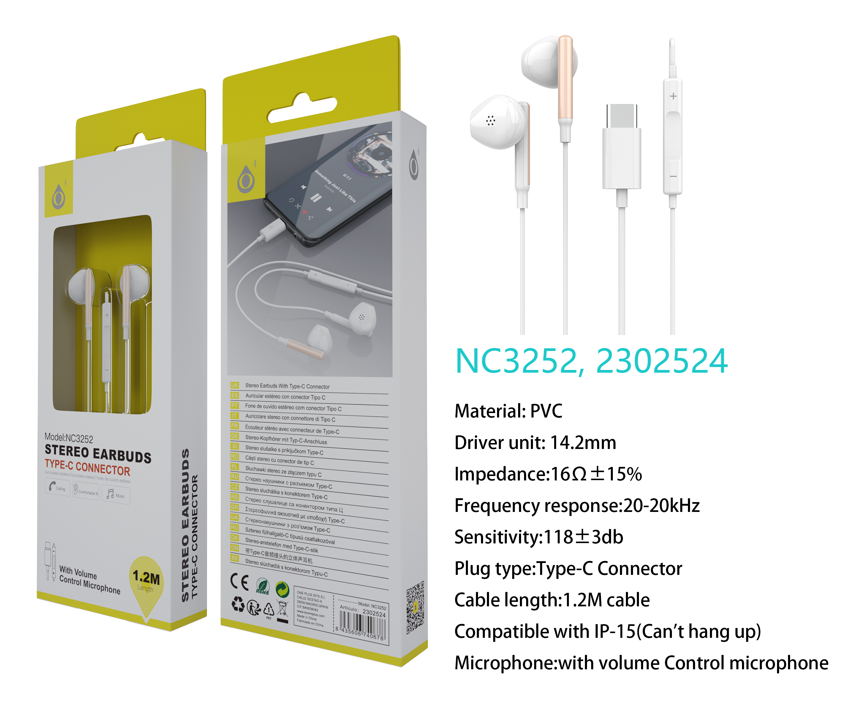 NC3252 RS Auricular TYPE-C Ria con Microfono y  Control de Volumen, Compatible con Apple Type-C, Sop
