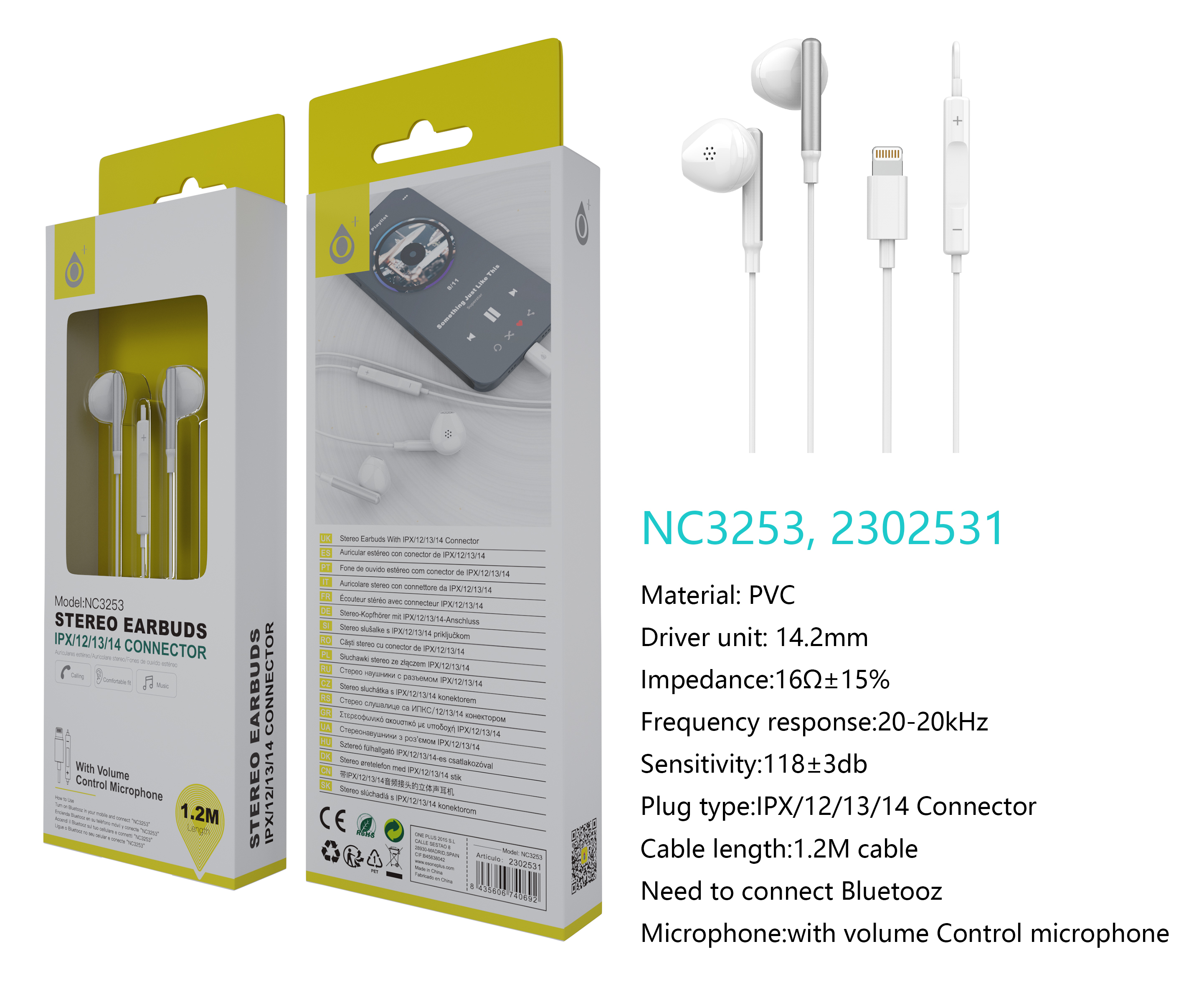 NC3253 BL  Auricular Lightning Ria con Microfono y Control de Volumen, (Necesario Activar Bluetooth)