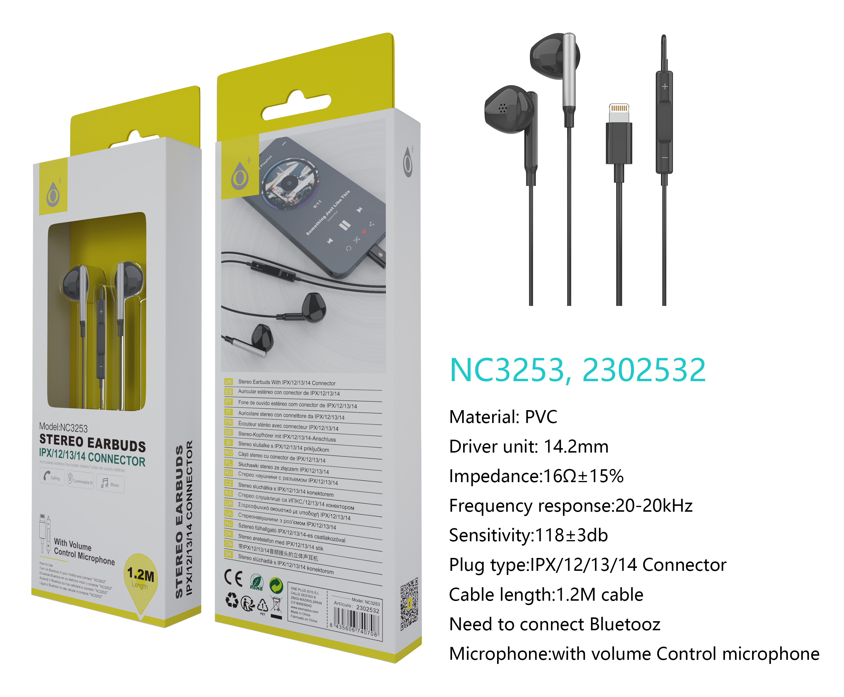 NC3253 NE  Auricular Lightning Ria con Microfono y Control de Volumen, (Necesario Activar Bluetooth)