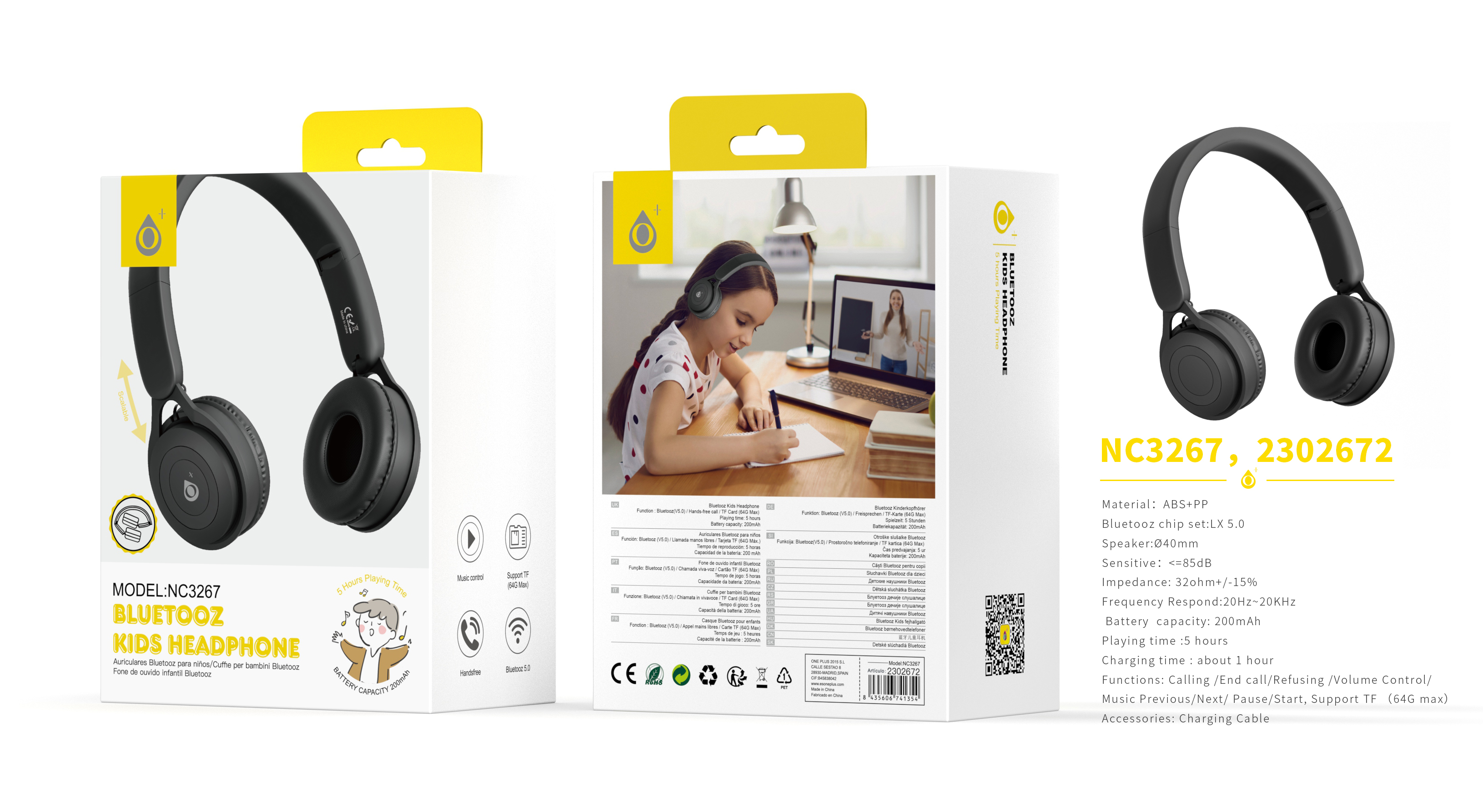 NC3267 NE Auriculares Casco Bluetooth 5.0 Para Ninos con microfono y Botones Multifunciones, Soporta Tarjeta TF(64G), Bateria 200mAh, Negro