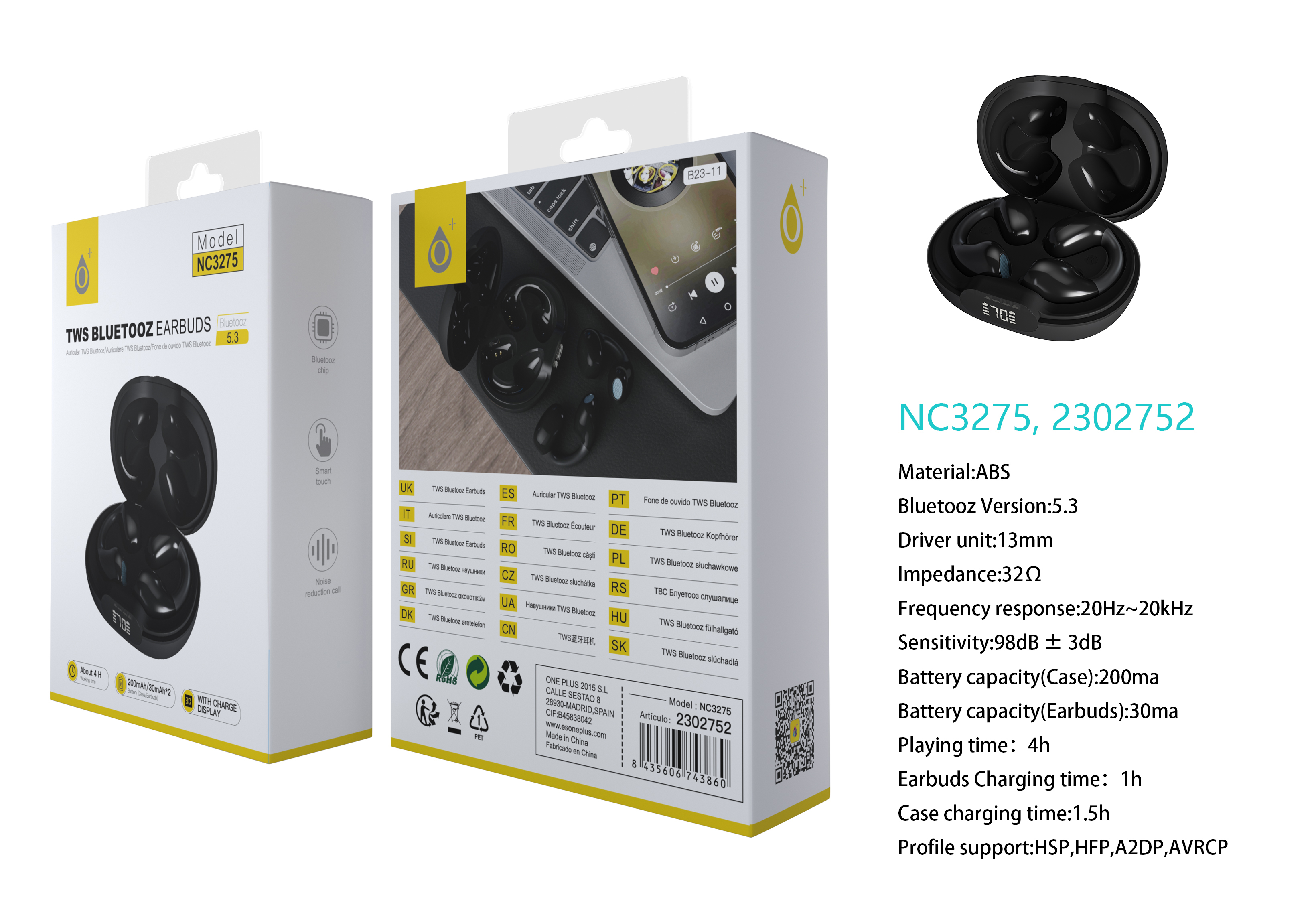 NC3275 NE Auriculares Cool TWS Bluetooth 5.3, Bateria Earbuds 30mAh*2 + Estuche 200mAh, con pantalla digital, 4h de uso, Negro