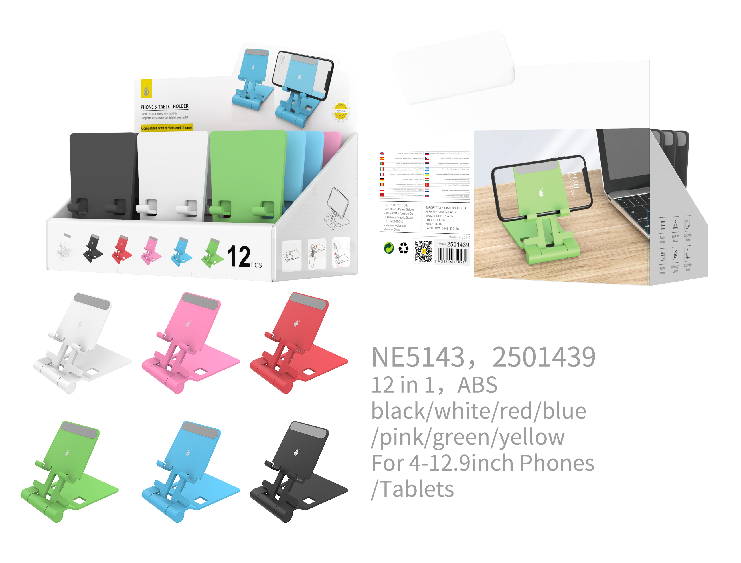 NE5143 Soporte Universal para Movil y Tablet, 4-12.9 Pulgada, Multicolores, 12 psc/Pack (Vende por Paquete)