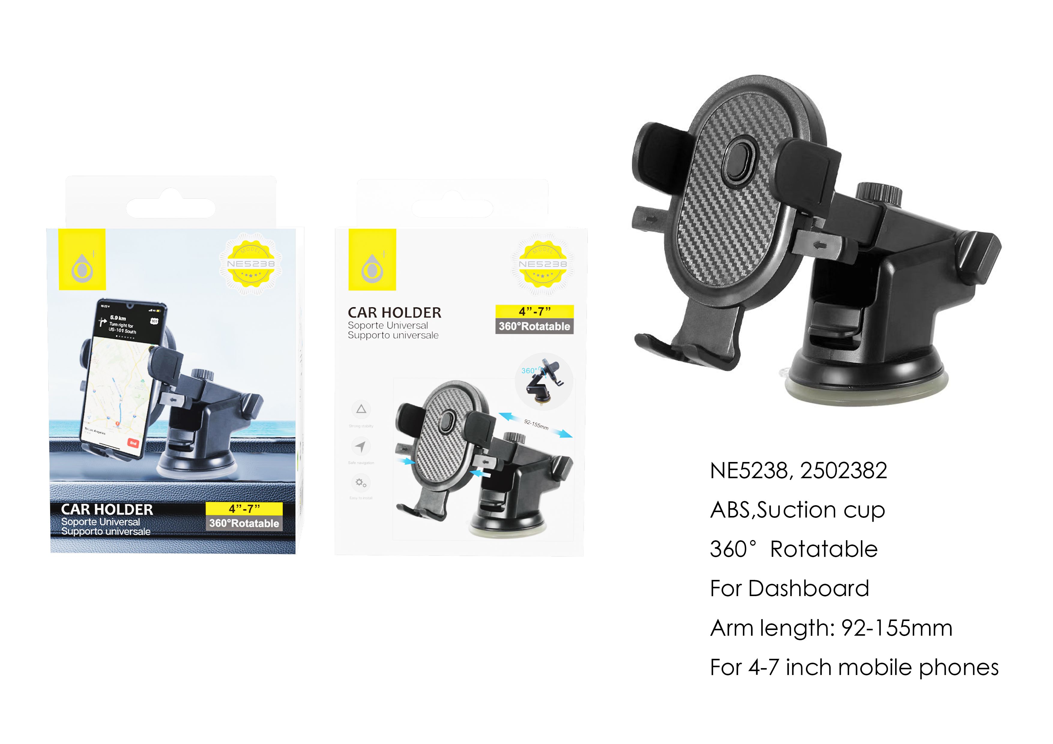 NE5238 NE Soporte universal de movil para Salpicadero y Parabrisas , Brazo Extensible 92-155mm, 360°