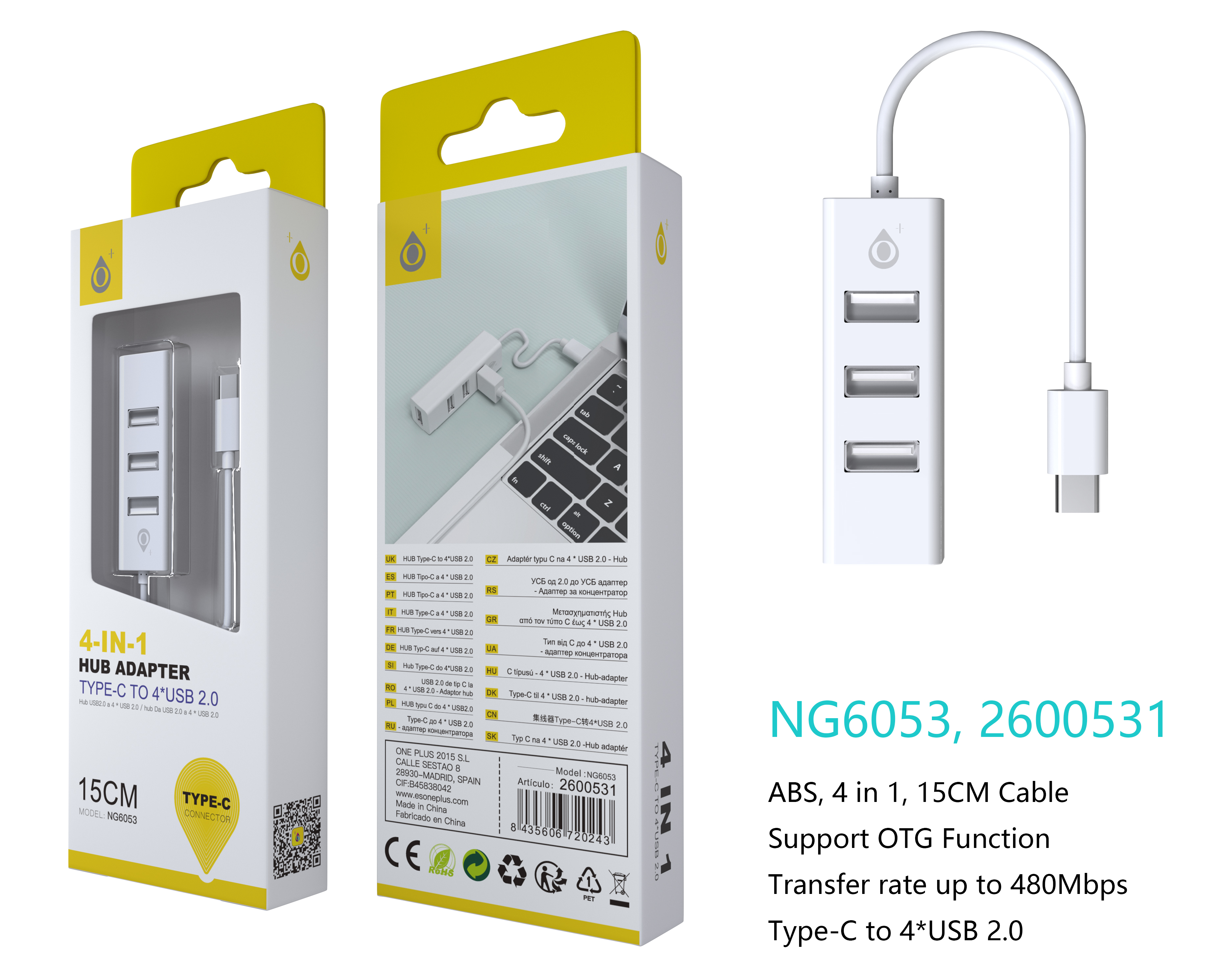 NG6053 BL lector TYPE-C Hub 4 entrada USB Compatible con  OTG ,Blanco