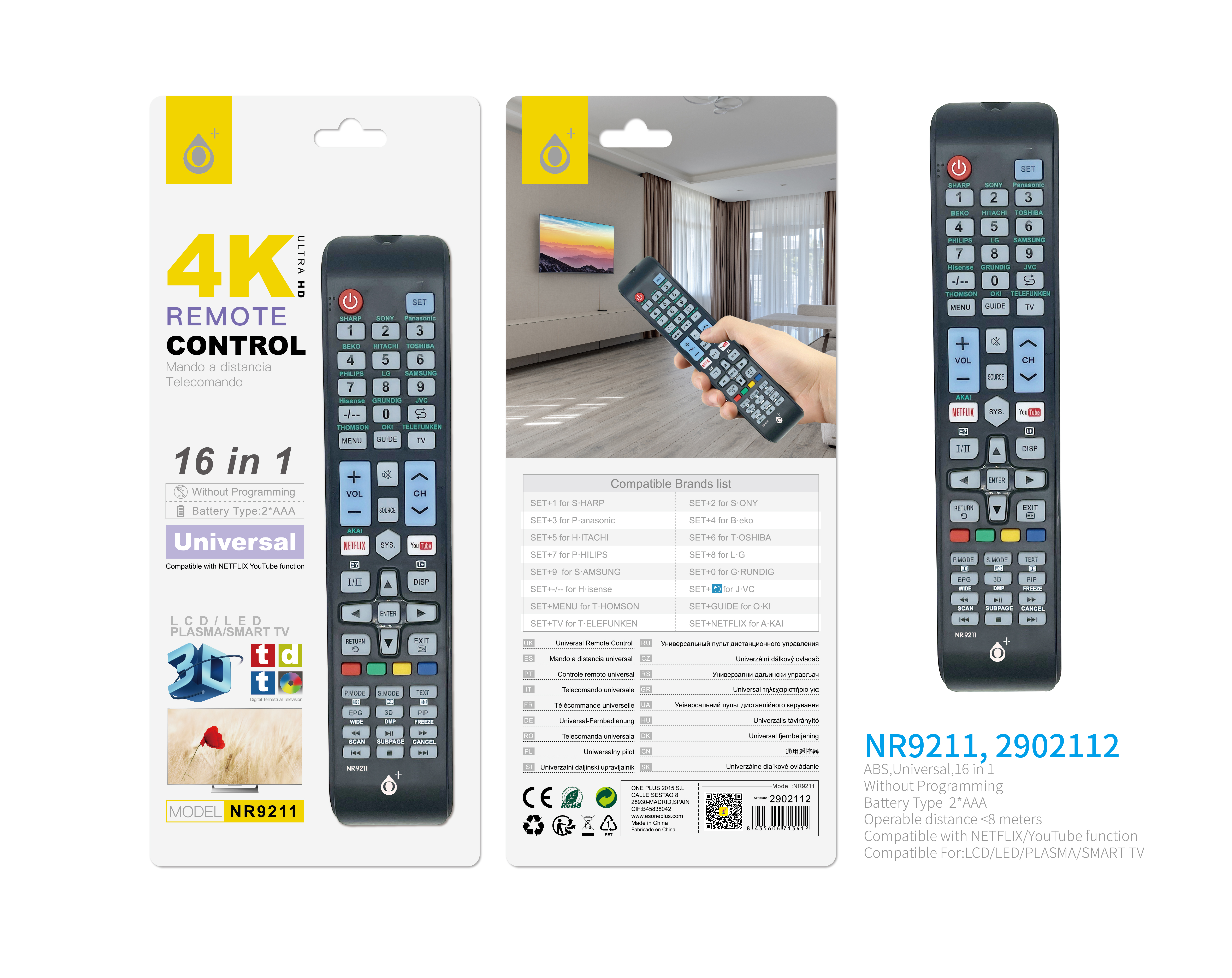 NR9211 NE Mando Universal a Distancia LCD/LED TV  15 EN 1 , Negro
