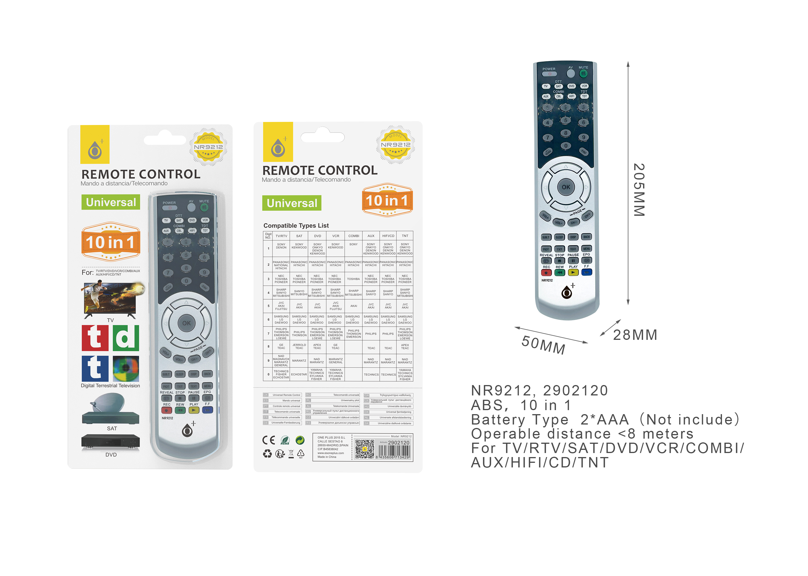 NR9212 PL Mando Universal a Distancia LCD/LED TV 10 N 1 , Plata