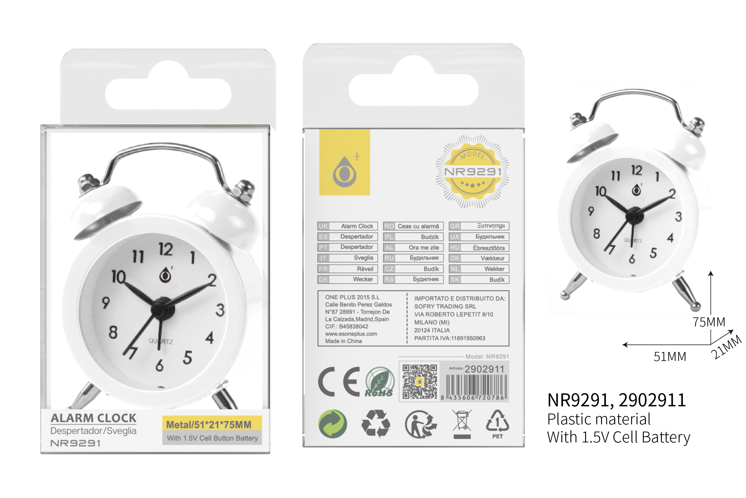 NR9291 BL Reloj con Despertador,Incluye Pila de boton,6*2.5*8 CM,Blanco