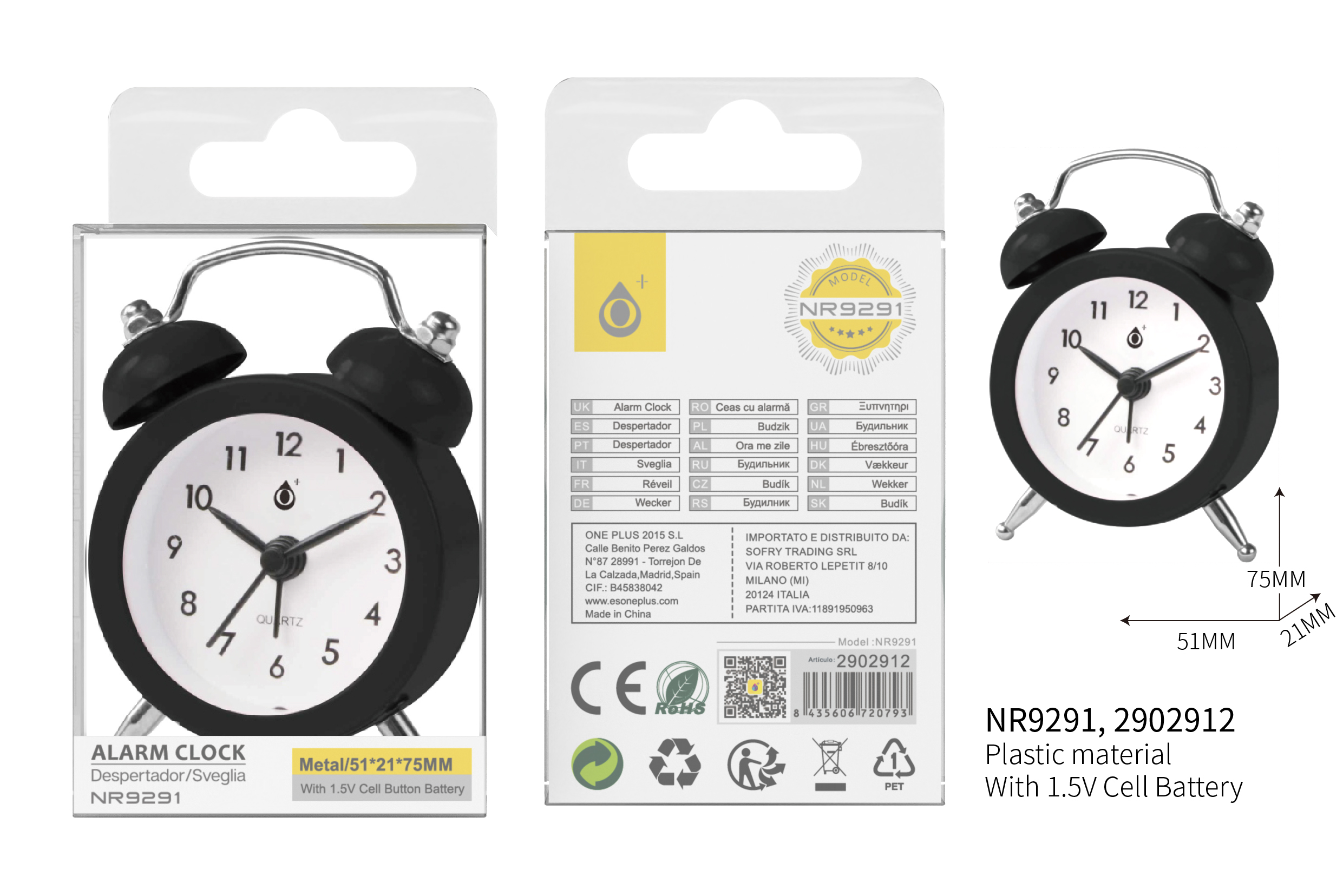 NR9291 NE Reloj con Despertador,Incluye Pila de boton ,6*2.5*8 CM,Negro
