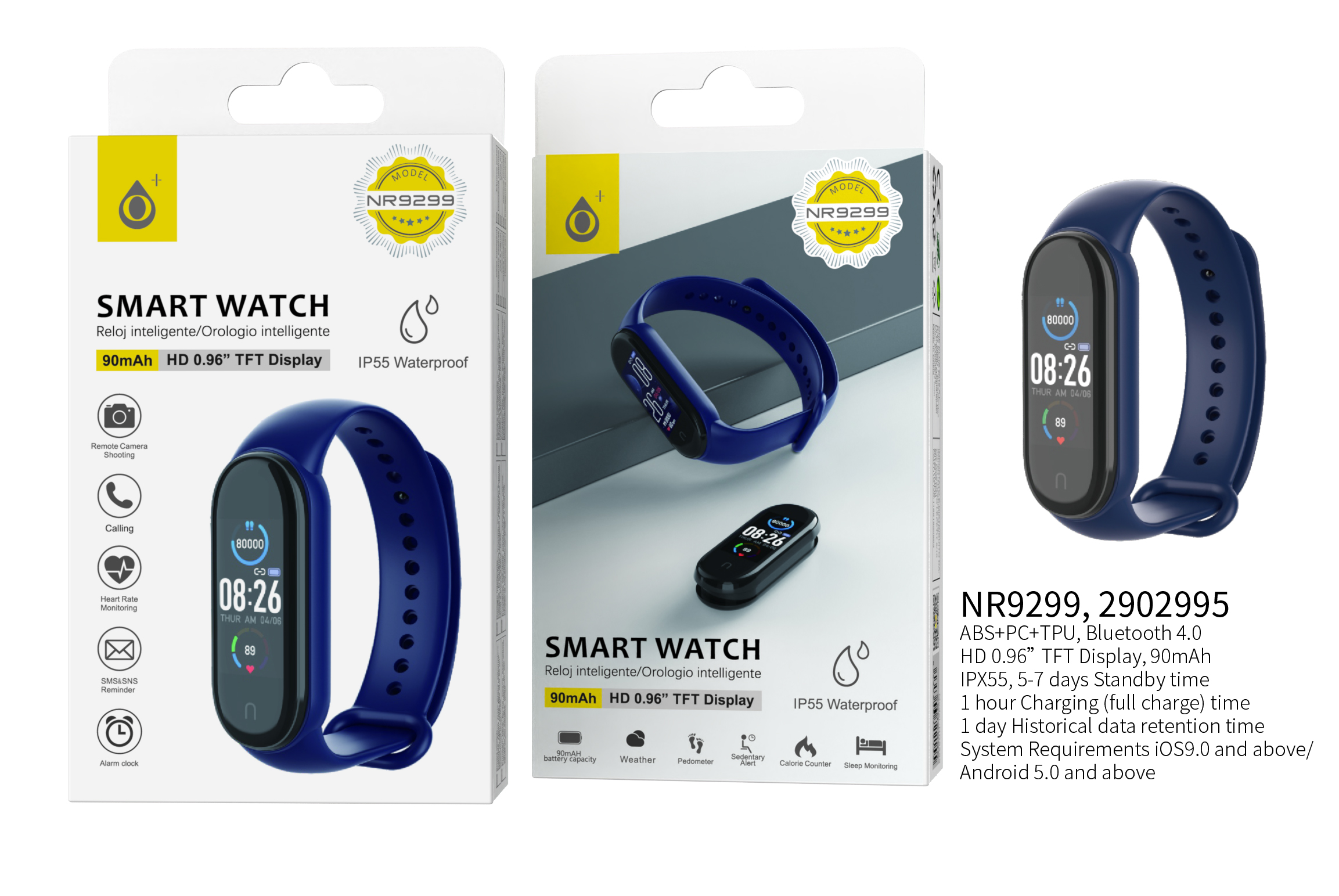 NR9299 AZ Pulsera de actividad Smart Watch Impermeable IP55, bateria 90mA ,Para Andriod y IOS,Azul