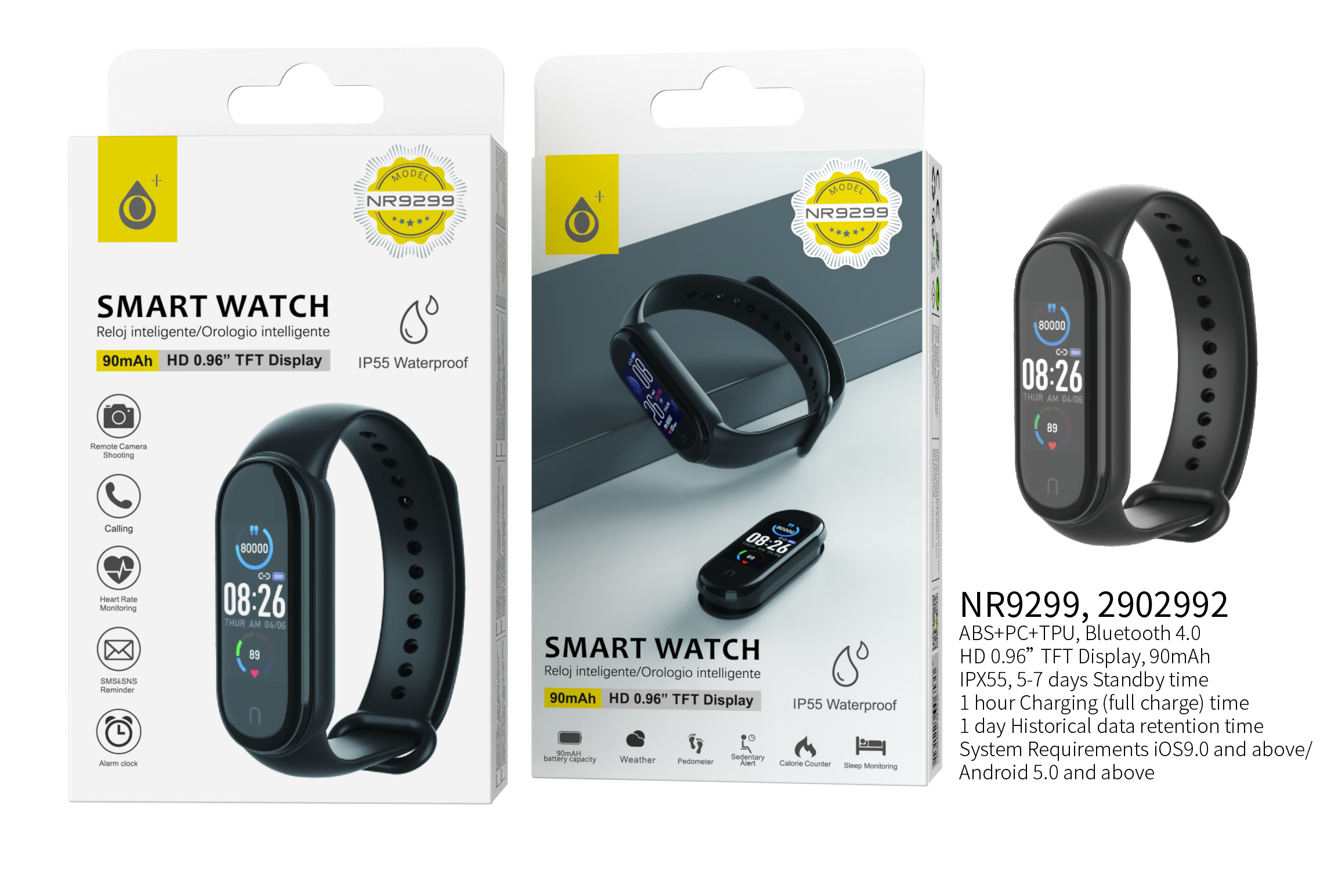 NR9299 NE Pulsera de actividad Smart Watch Impermeable IP55, bateria 90mA ,Para Andriod y IOS,Negro