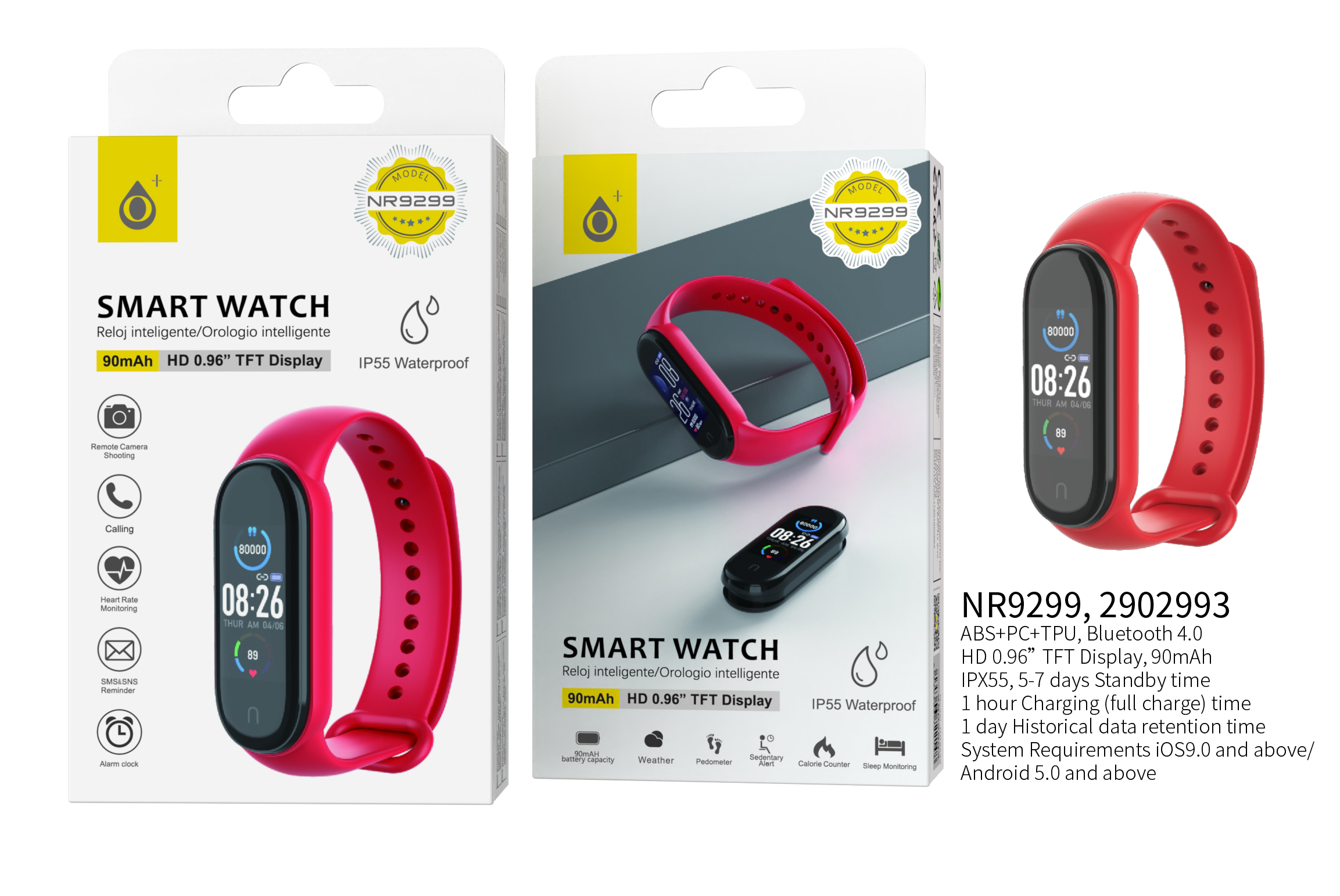 NR9299 RJ Pulsera de actividad Smart Watch Impermeable IP55, bateria 90mA ,Para Andriod y IOS,Rojo
