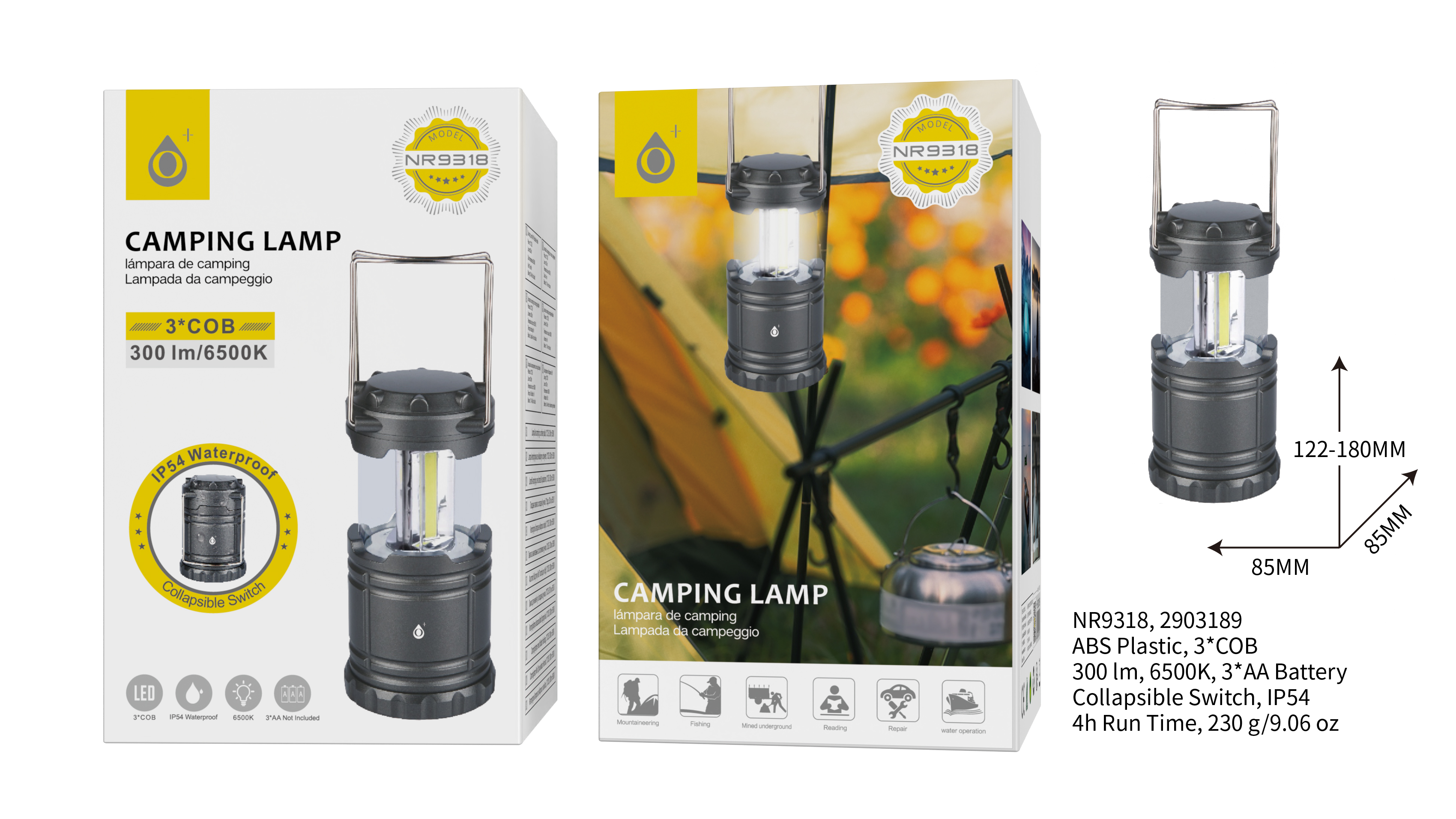 NR9318 GR Linterna   de Camping plegable 300 lumenes,Resistentes al Agua,4 hora de uso,Gris