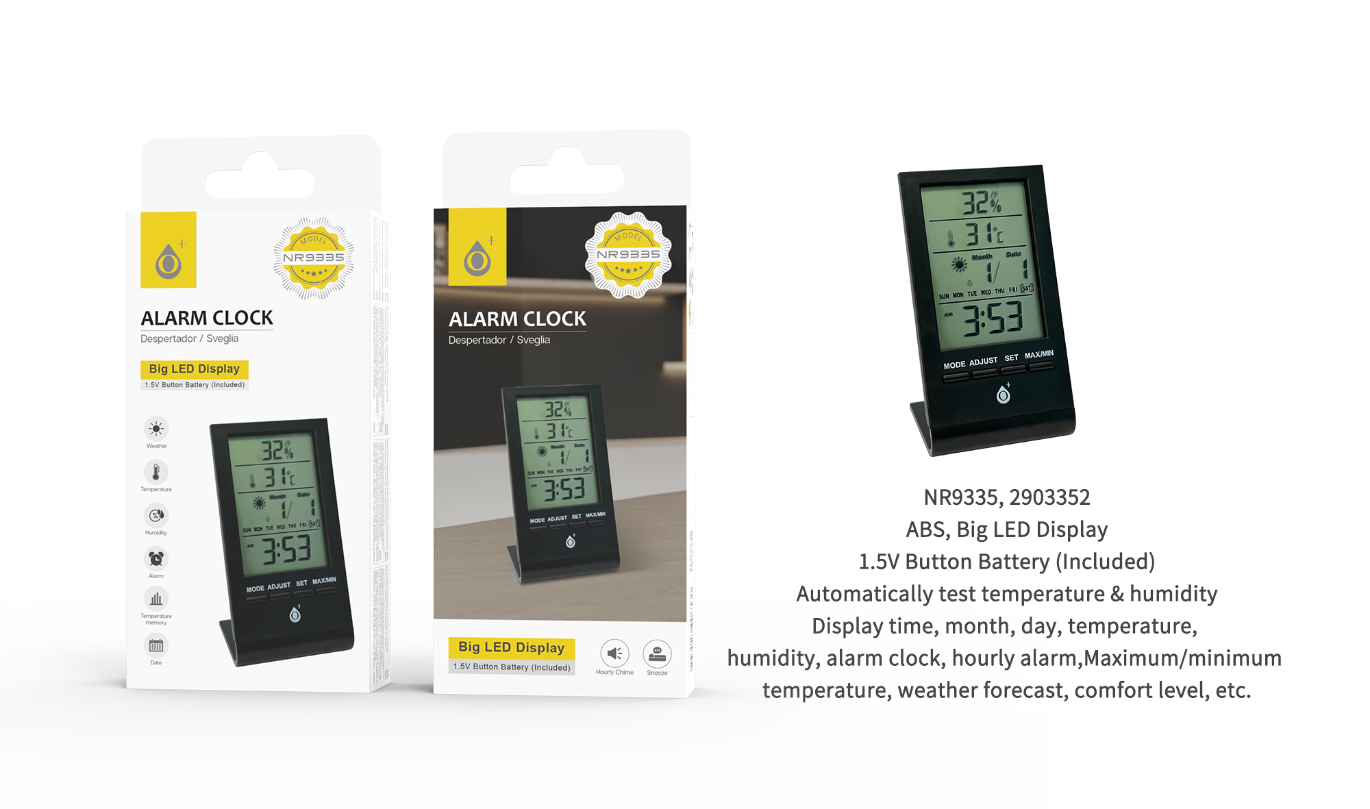 NR9335 NE Reloj Despertador digital LED,con control de temperatura  y humedad automatico,Incluye bat