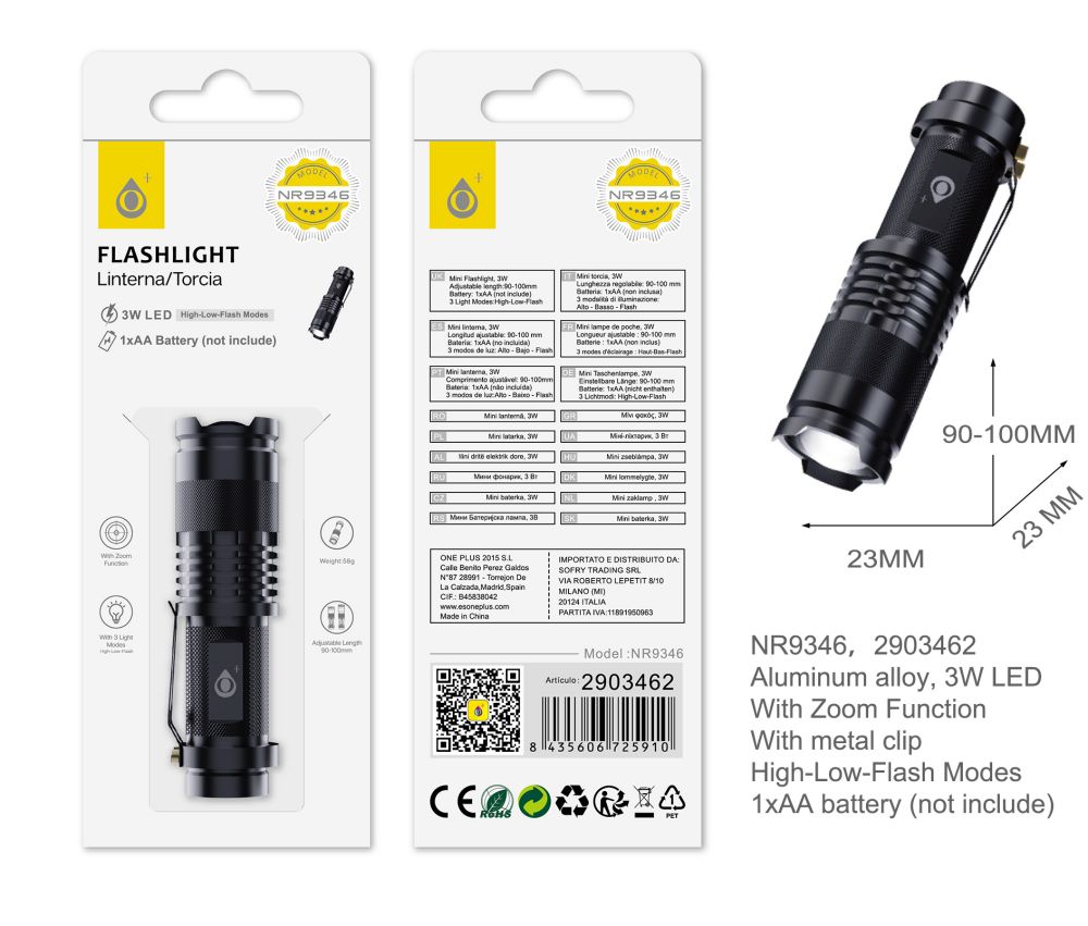 NR9346 NE Linterna LED de aluminio con clip,con funcion de Zoom,3 modos de luz(Fuerte, bajo,flash)3W, Bateria 1*AA(No incluye),Negro