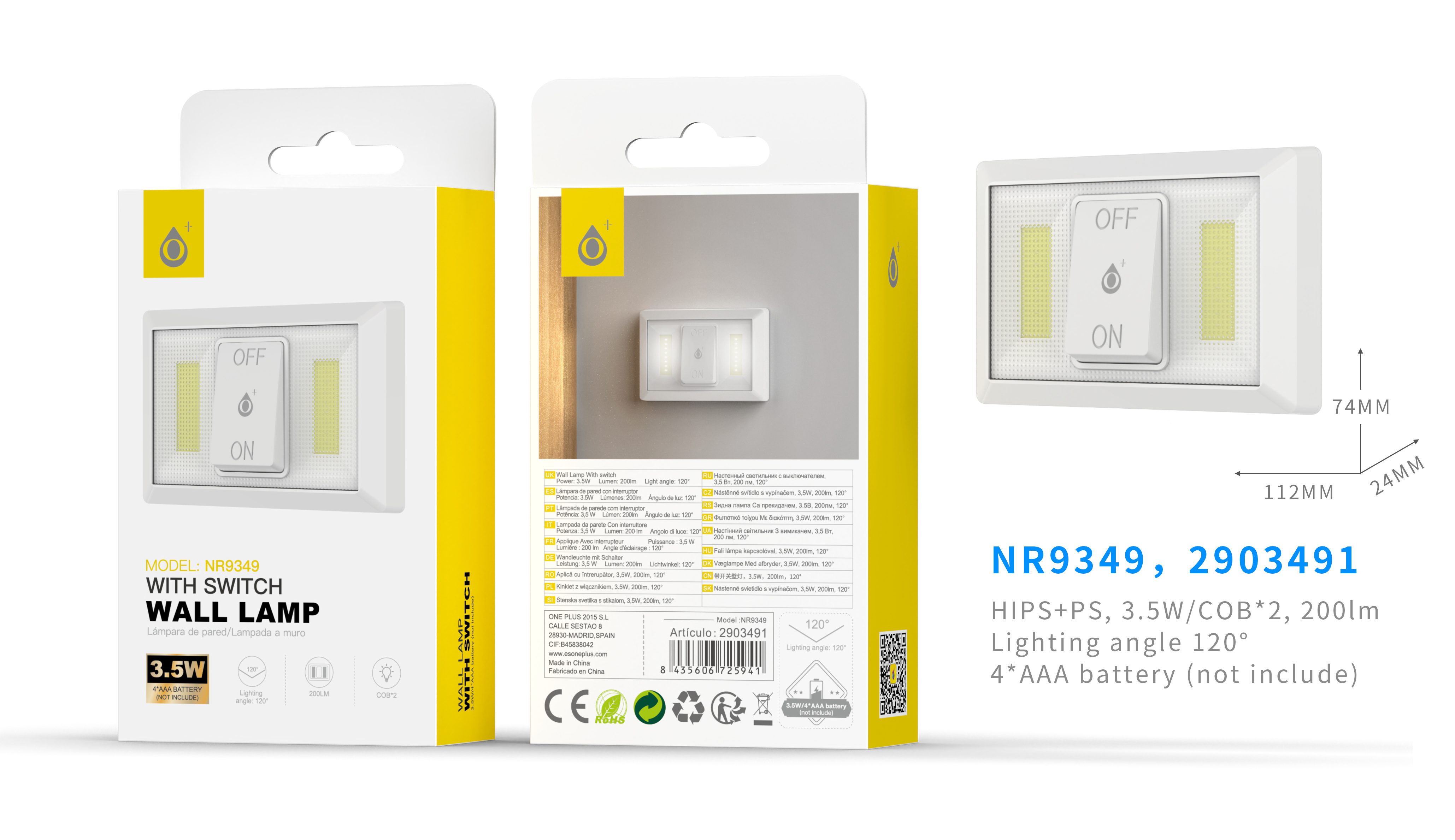 NR9349 BL Lampara de Pared LED 3.5W 200LM con interruptor ON/OFF  y angulo de luz 120°, Bateria 4*AAA(NO incluye), Blanco