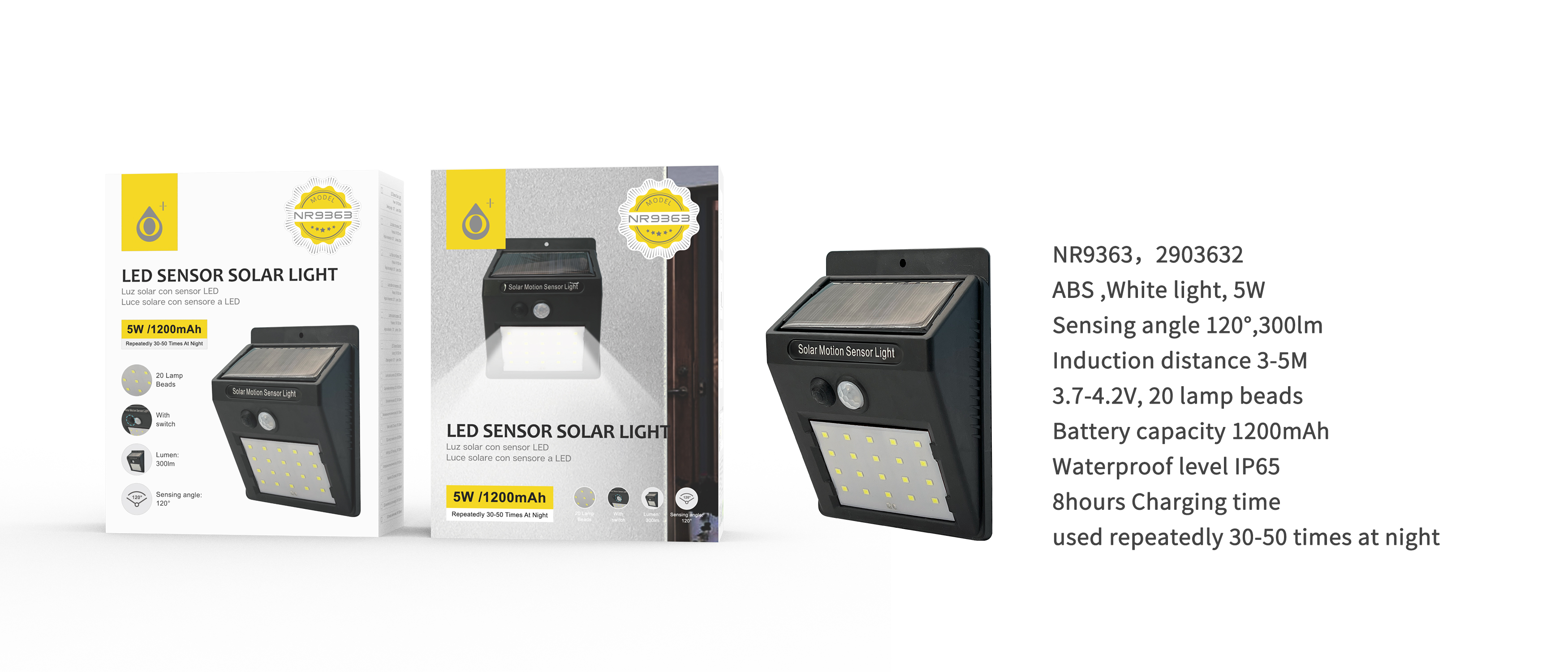 NR9363 NE Lampara solar  LED con 20 luces para exterior, con sensor de movimiento 3-5m, Angulo de  120°,IP65,5W/1200mAh/3.7-4.2v/300lumen, Negro