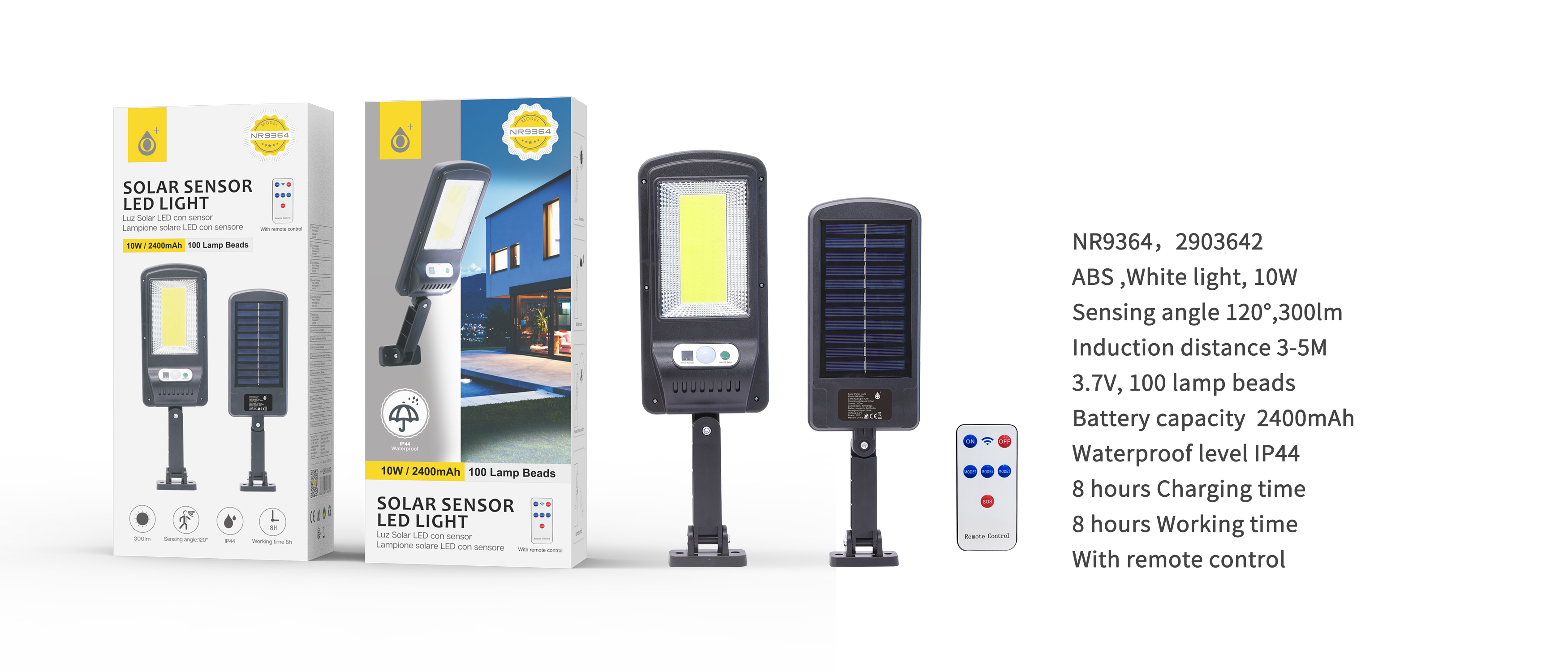 NR9364 NE Lampara solar  LED con 100 luces para exterior incluye mando, con sensor de movimiento 3-5m, Angulo de  120°,IP44,10W/2400mAh/3.7v/300lumen,