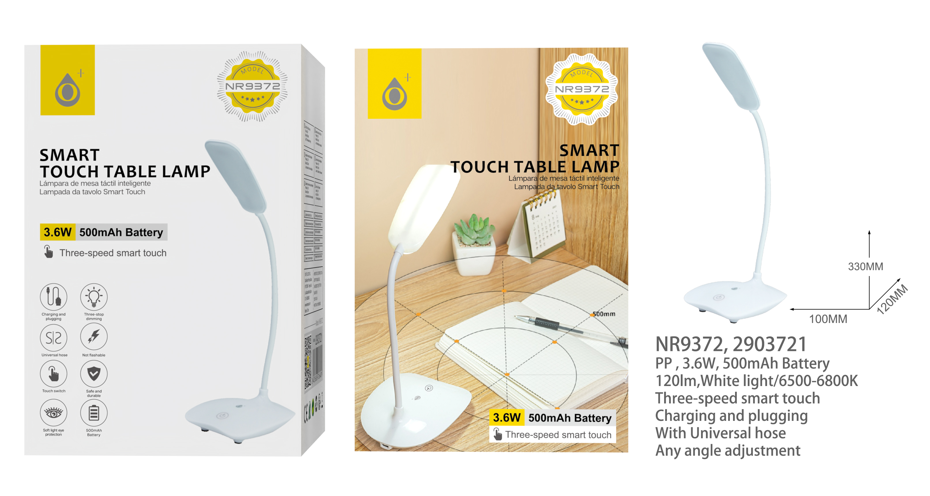 NR9372 BL Lampara de mesa con Panel tactil inteligente, Luz frio 6500-6800K 120lm, Bateria 500mAh, 1