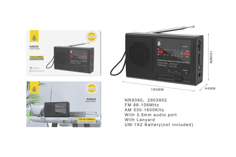 NR9390 NE Radio portatil AM/FM con Antena y correa , Entrada de jack 3.5mm, Bateria 2*UM-1/D (No inc