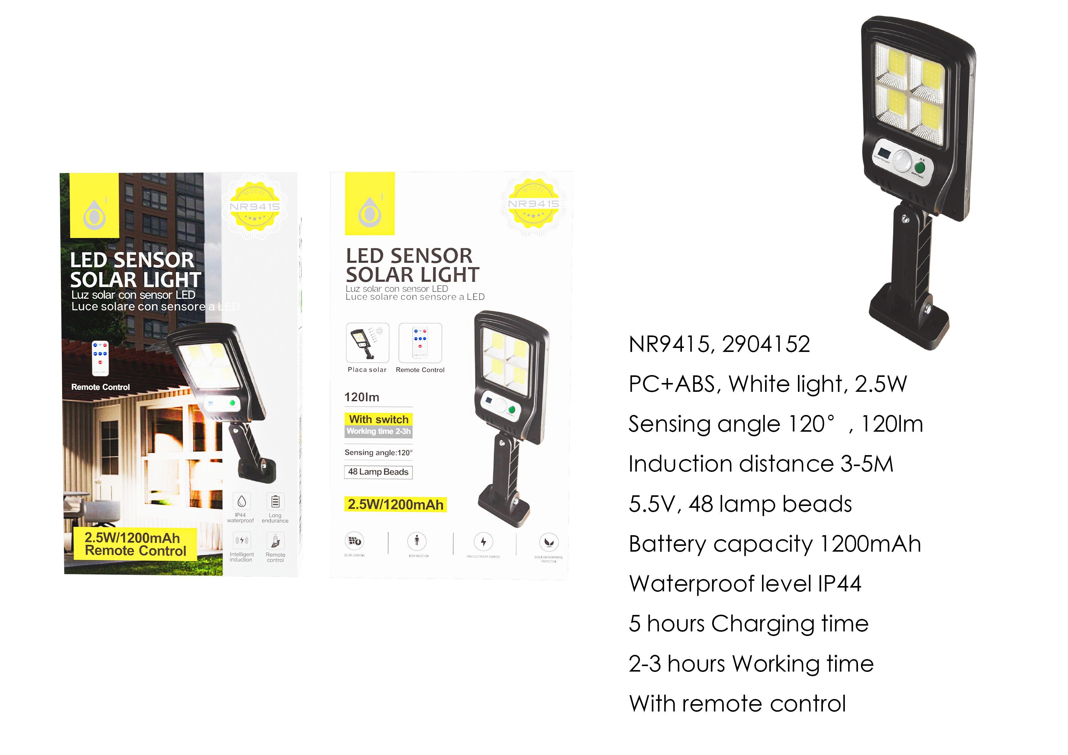 NR9415 NE Lampara solar LED con 48 luces para exterior incluye mando, con sensor de movimiento 3-5m, Angulo de  120°,IP44,2.5W/1200mAh/5.5v/120lumen,