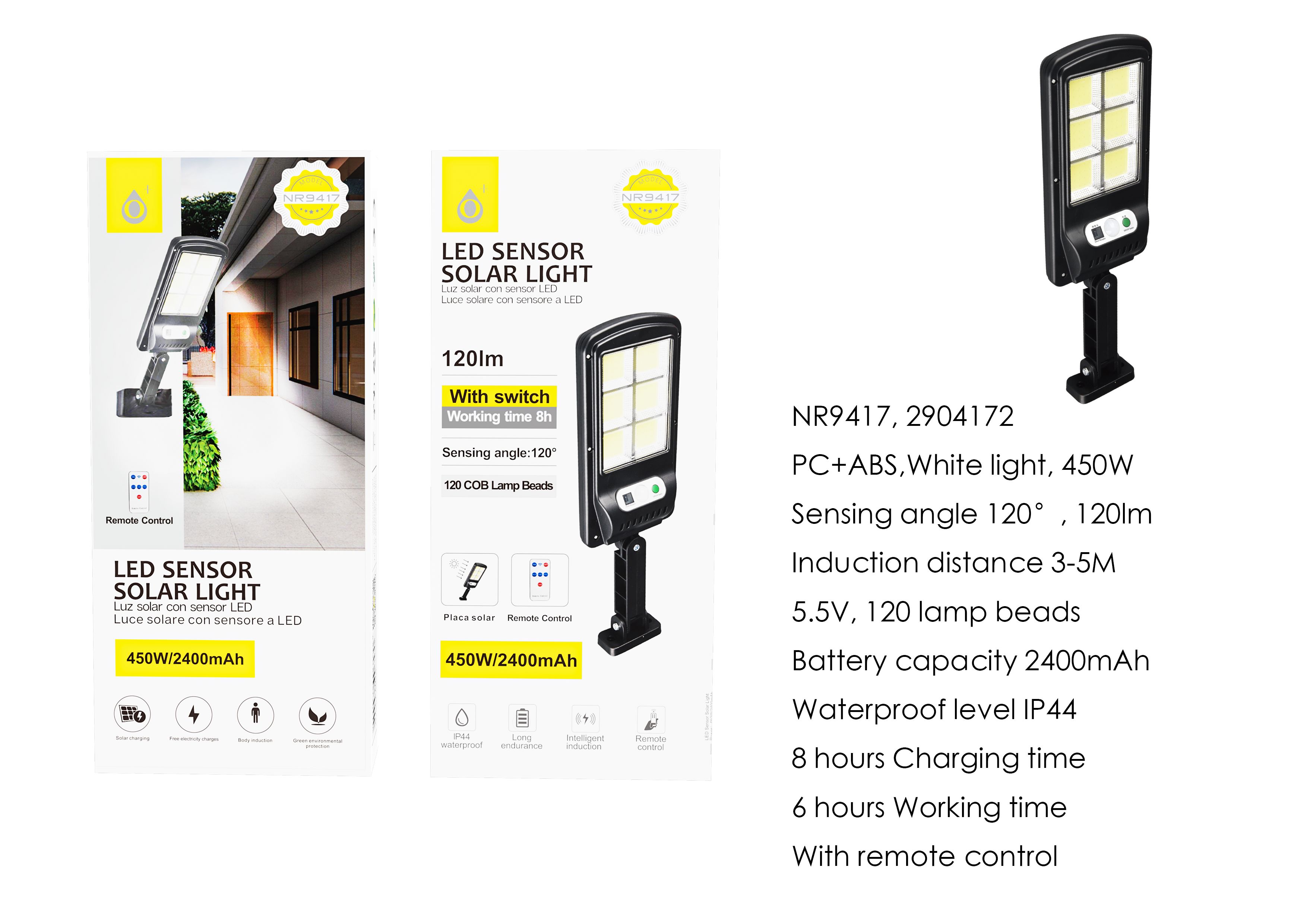 NR9417 NE Lampara solar LED con 120 luces para exterior incluye mando, con sensor de movimiento 3-5m, Angulo de  120°,IP44,450W/2400mAh/5.5v/120lumen,