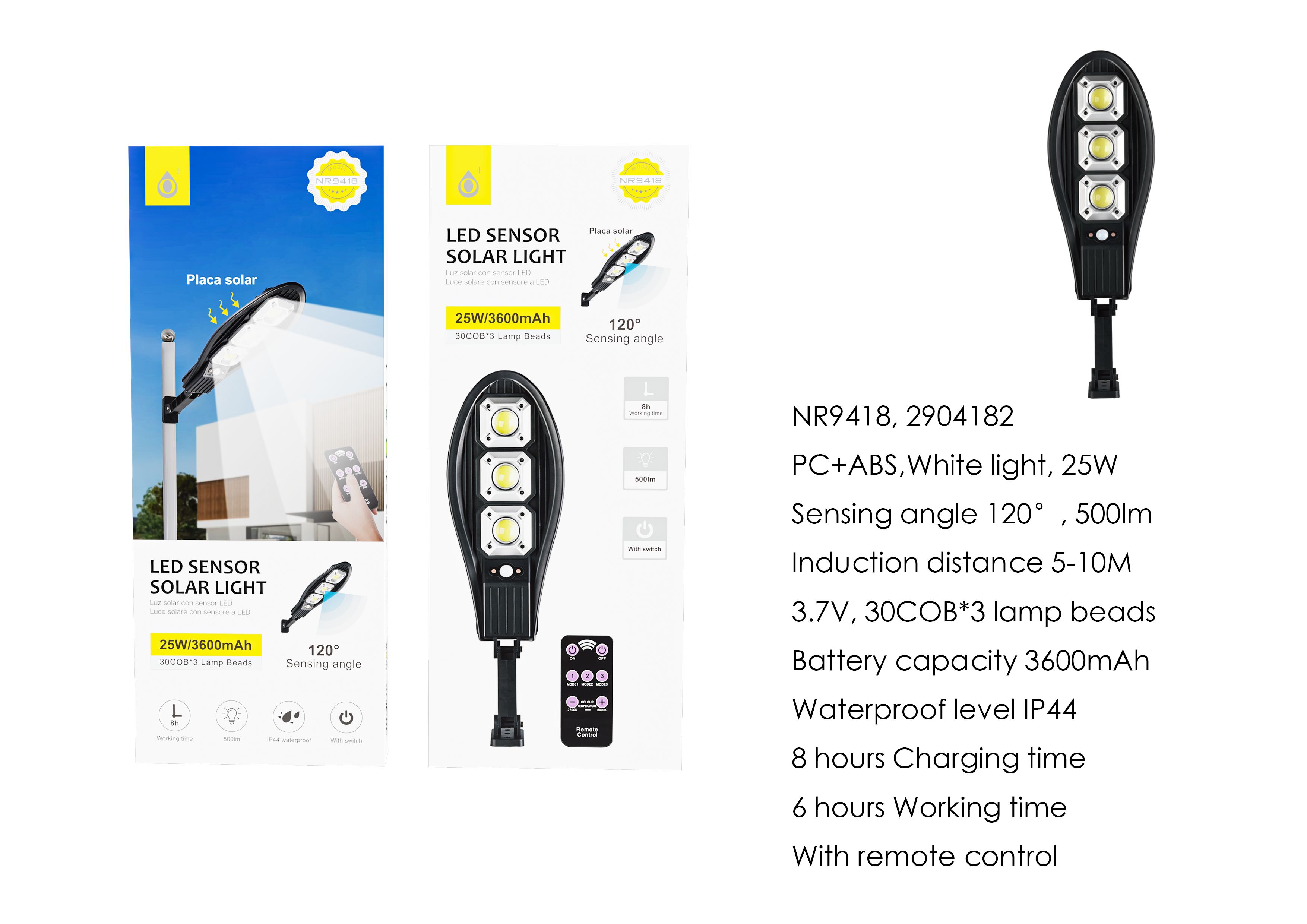 NR9418 NE Lampara solar LED con 30COB*3(Total 90) luces para exterior incluye mando, con sensor de movimiento 3-5m, Angulo de  120°,IP44,25W/3600mAh/3