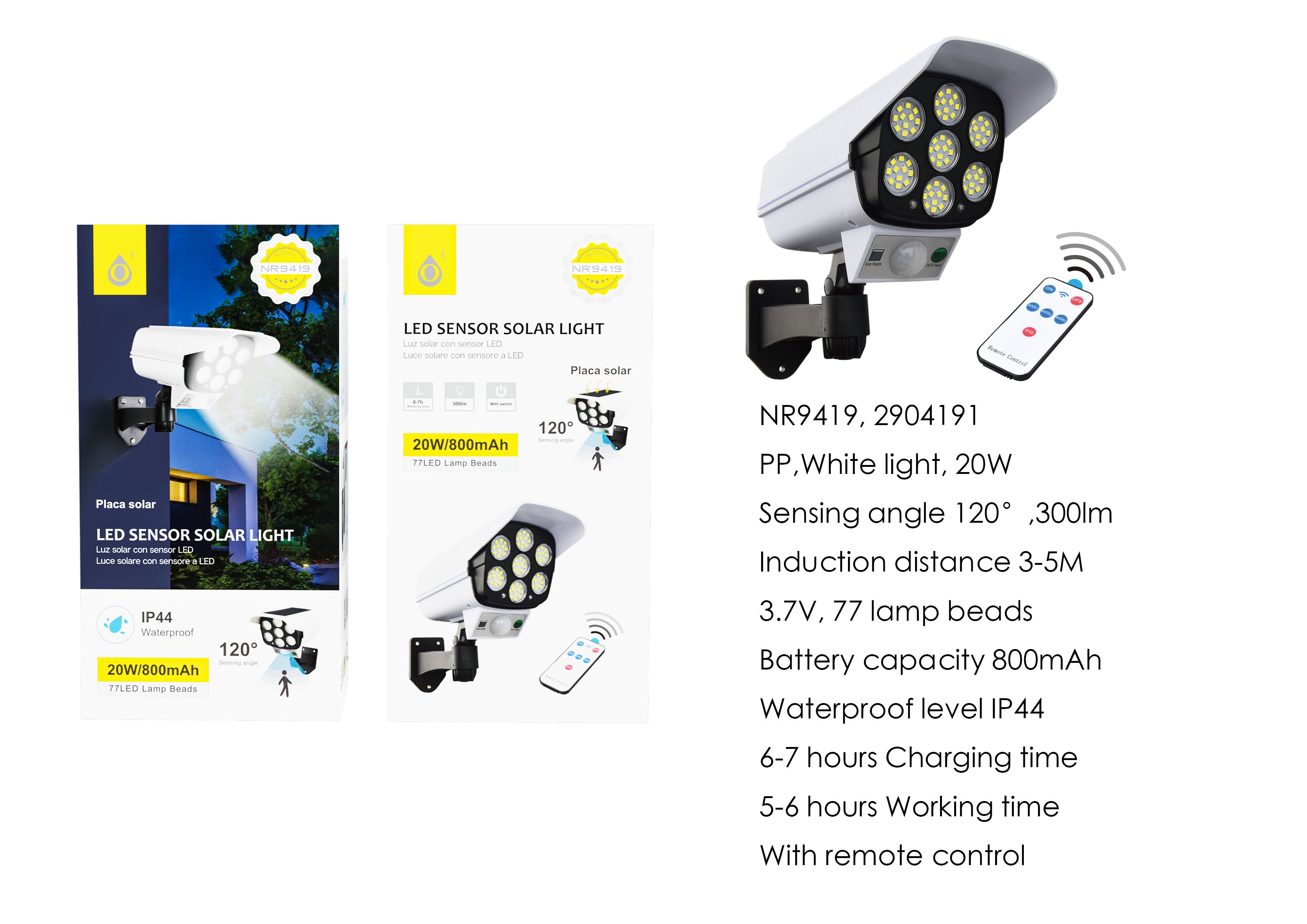 NR9419 NE Lampara solar LED con 77 luces para exterior incluye mando, con sensor de movimiento 3-5m, Angulo de  120°,IP44,20W/800mAh/3.7v/300lumen, Ne