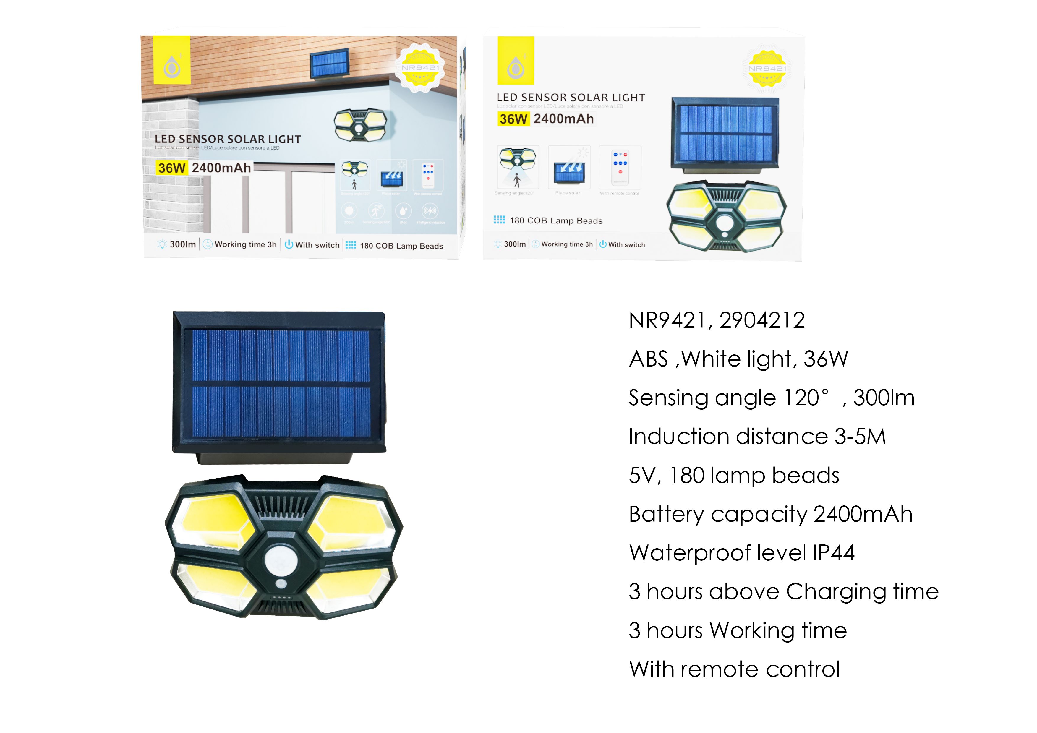 NR9421 NE Lampara solar LED con 180 luces para exterior incluye mando, con sensor de movimiento 3-5m, Angulo de  120°,IP44,36W/2400mAh/5v/300lumen, Ne
