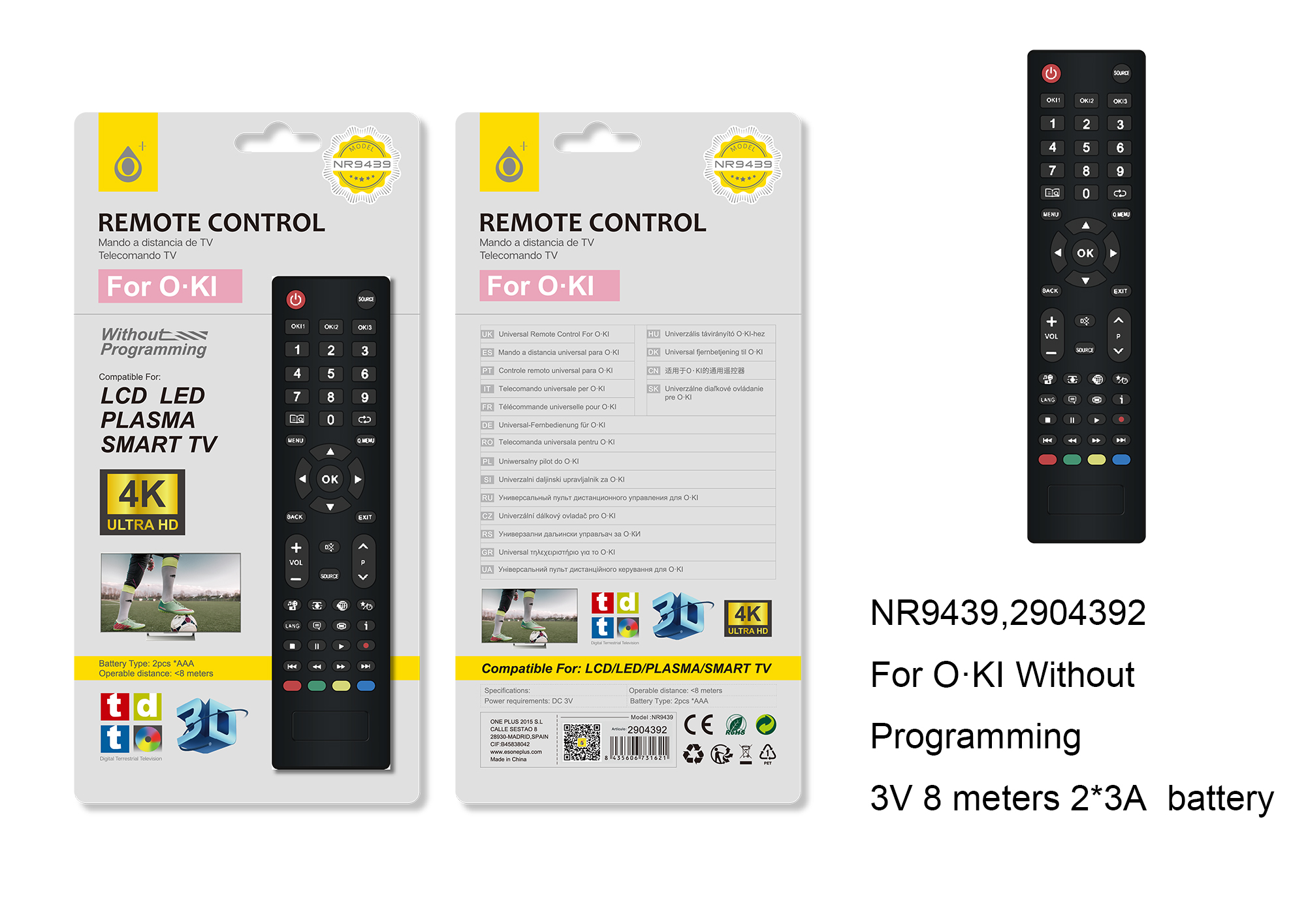NR9439 NE Mando Universal de TV para OKI, No Requiero programacion , Bateria 2*AAA(No Incluye), Distancia 8 Max, Negro