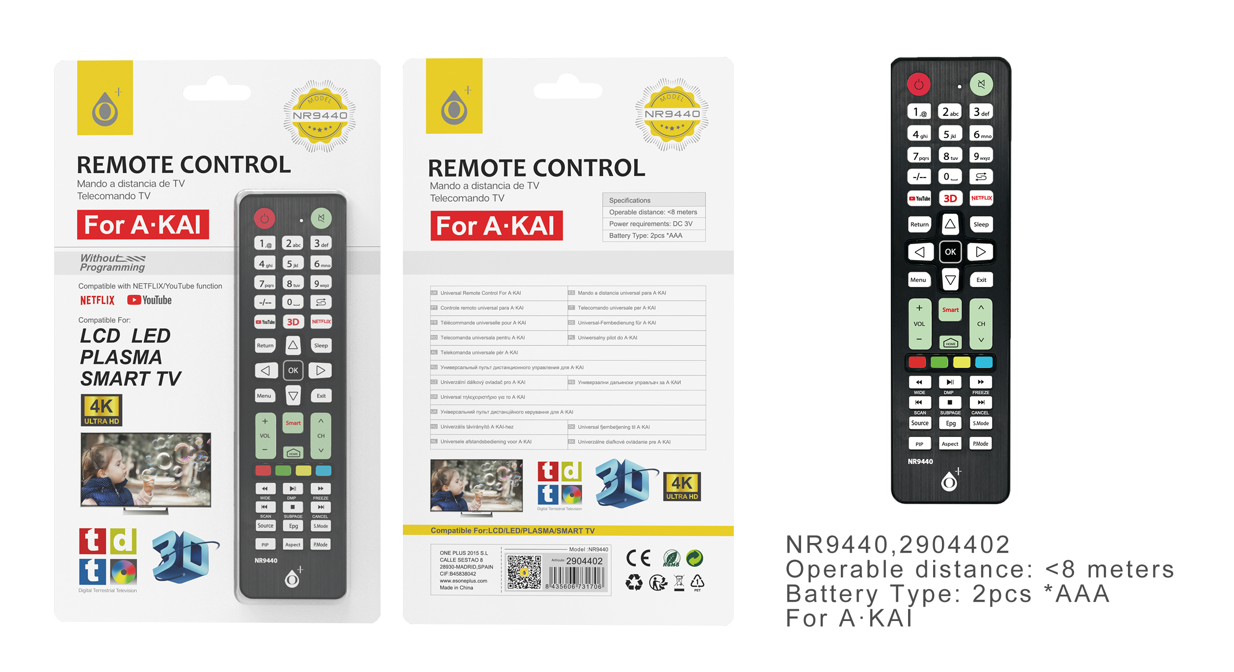 NR9440 NE Mando Universal de TV para AKAI, Bateria AAA*2(No Incluye), Negro