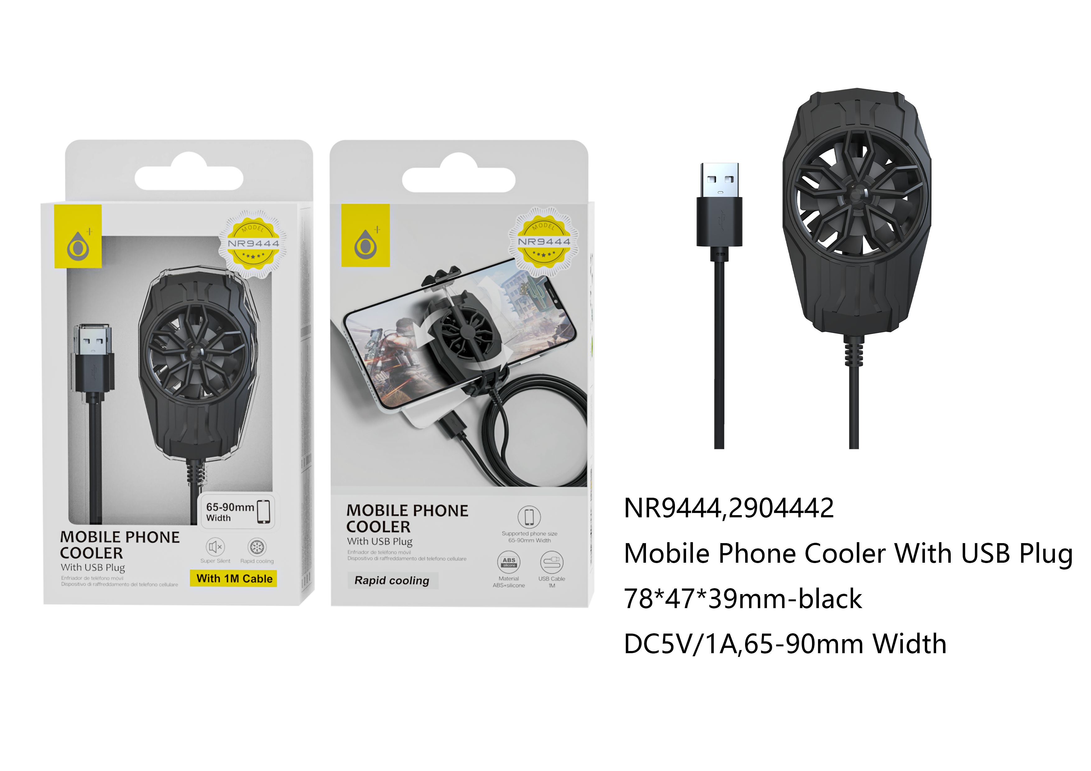NR9444 NE Refrigeracion USB para Movil, Soporta 6.5-9.0mm de Ancho, 5V/1A, 1m, Negro