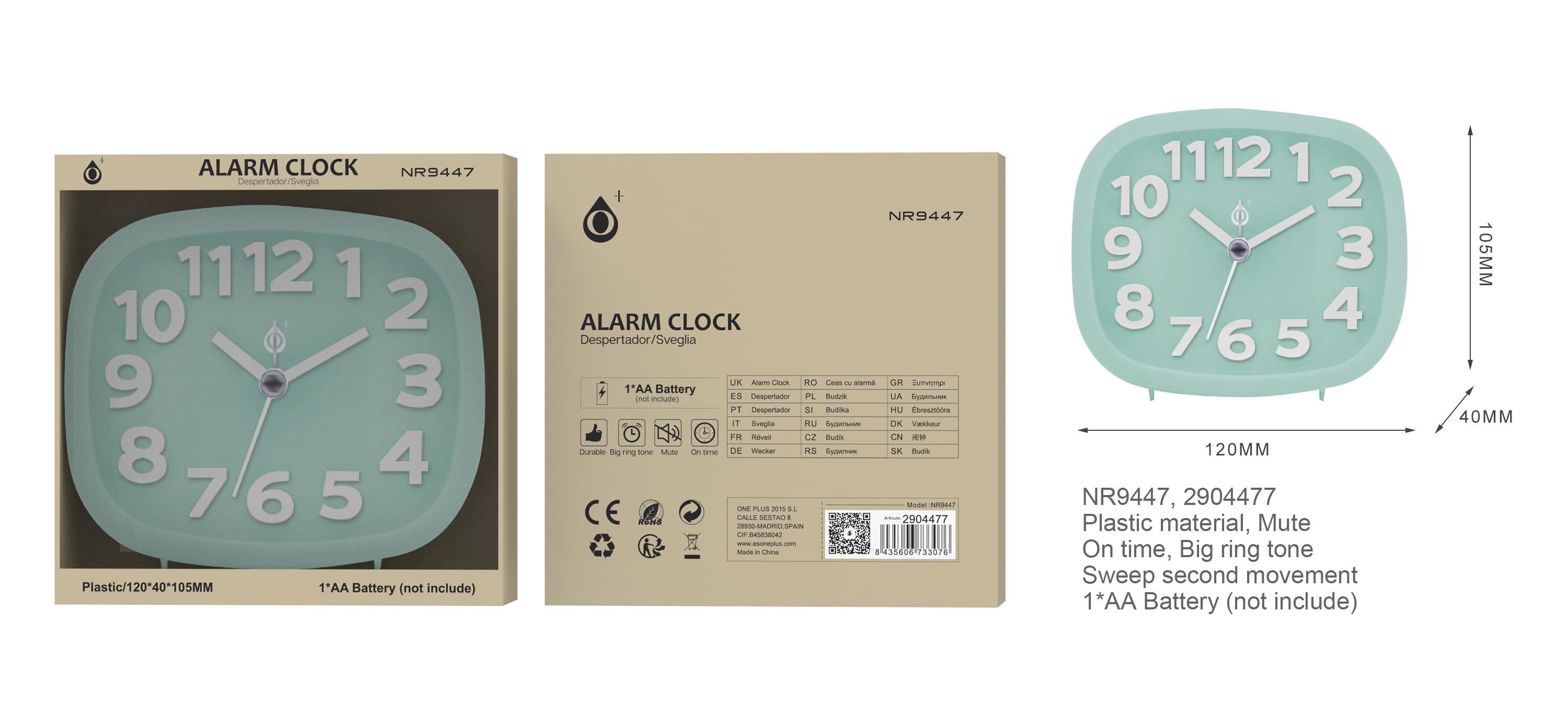 NR9447 VE Reloj con Despertador Sinlecioso Sin TIC TAC, Bateria 1*AA(No Incluido) , 120*40*105MM, Ve