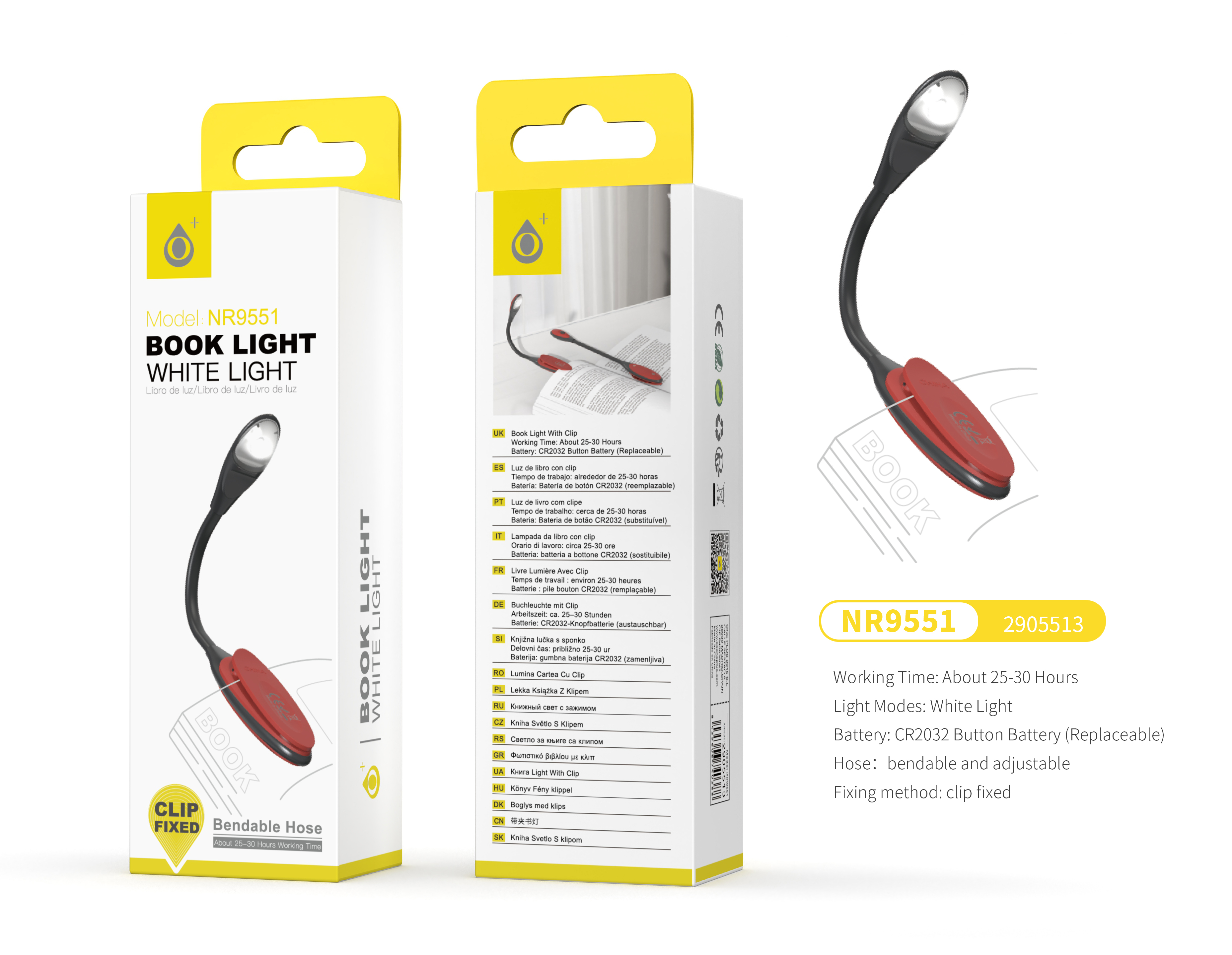 NR9551 NE+RJ Mini Lampara de Libro con Pinza, Luz fria, Brazo flexible, Bateria de Boton CR2032(Incl