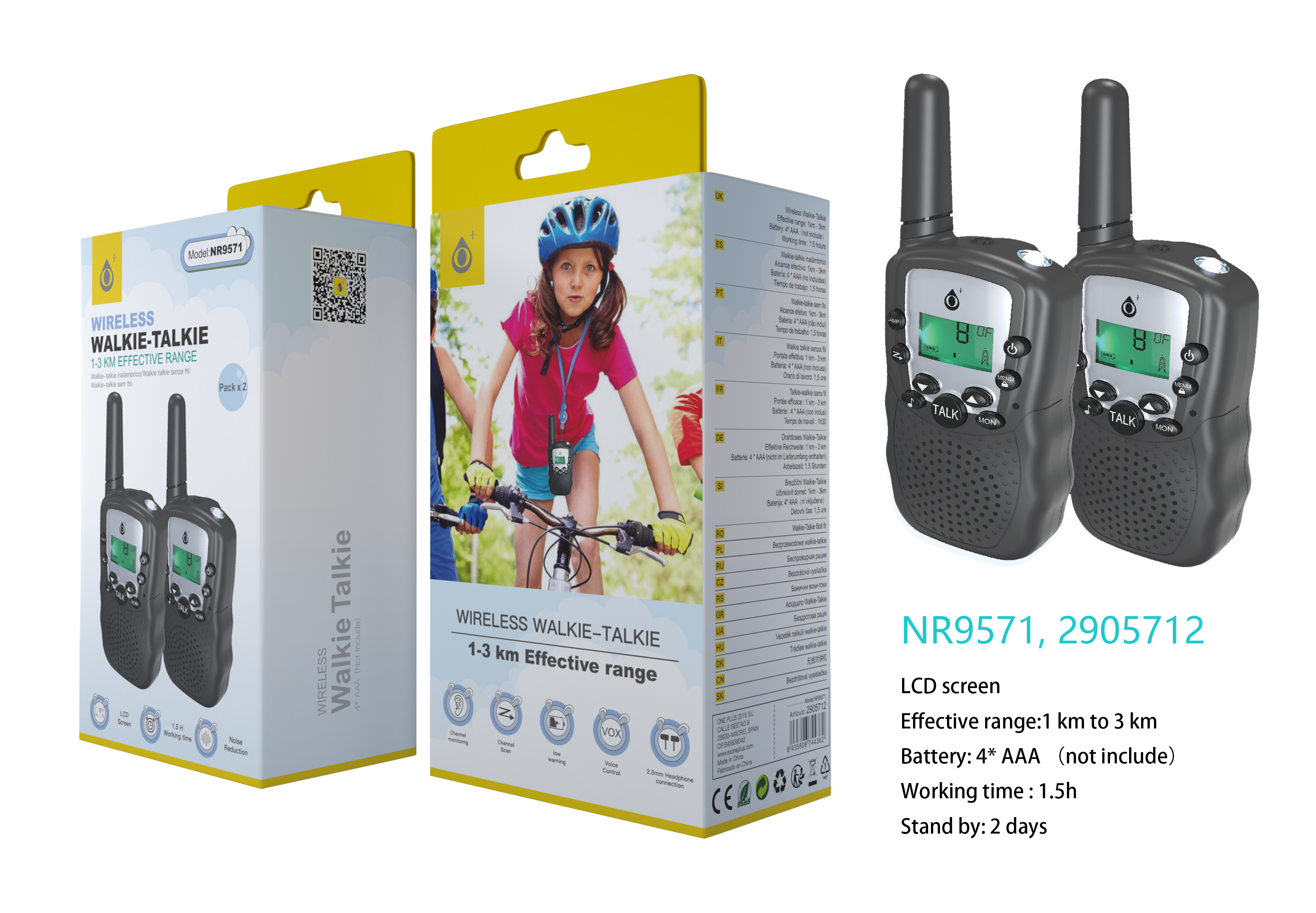 NR9571 NE Walkie Talkie para Ninos pack *2, Pantalla LCD, Con linterna, Distancia hasta 3KM, Bateria AAAx4(No incluido), Negro