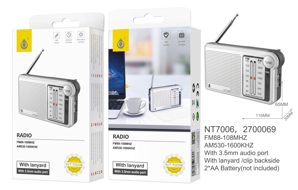 NT7006 GR Radio portátil AM/FM con Antena, 3.5 MM Connector, Bateria 2*AA (No incluido), Con Correa