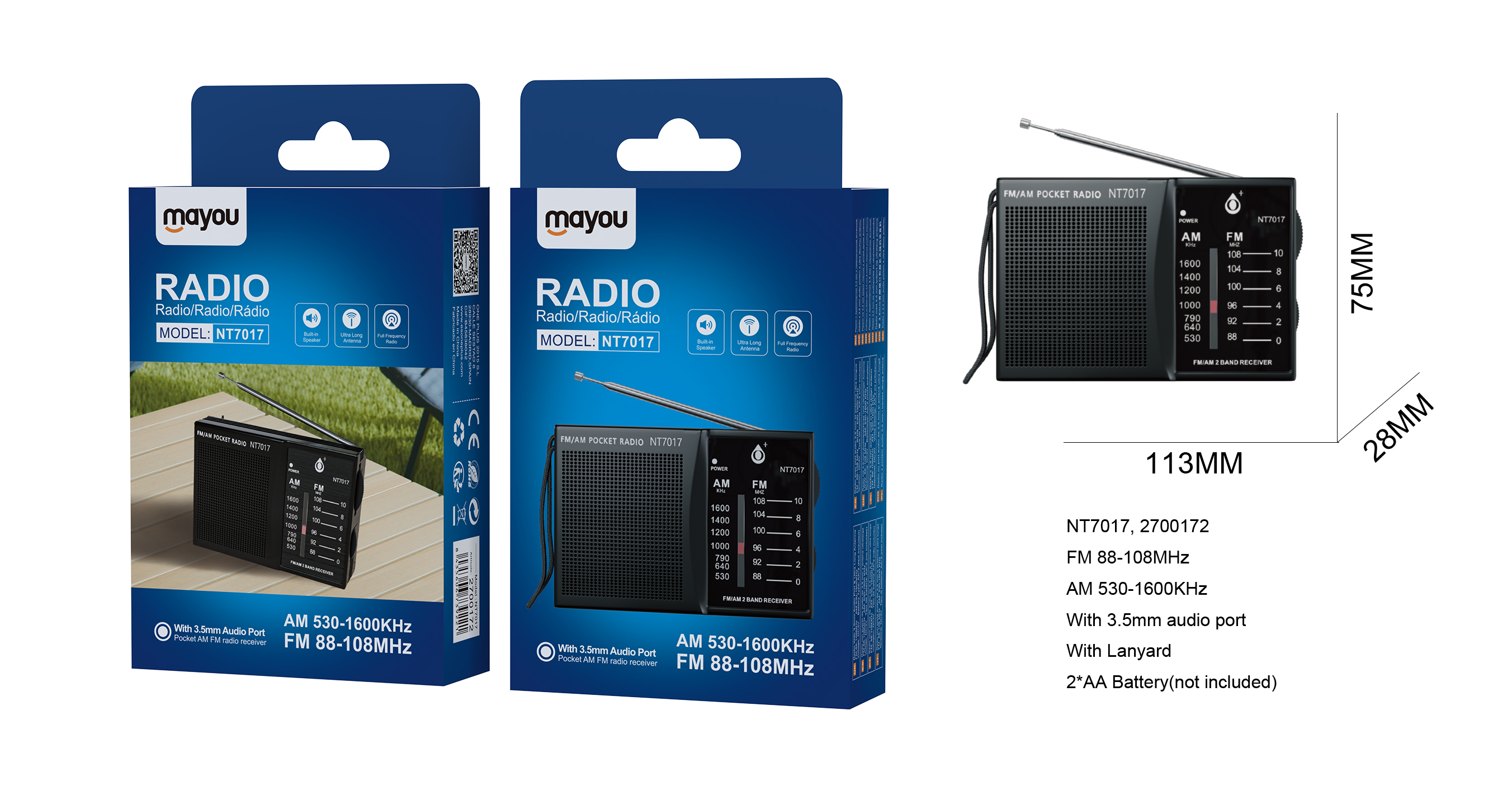 NT7017 NE Radio portatil AM/FM con Antena y correa , Entrada de jack 3.5mm, Bateria 2*AA (No incluid