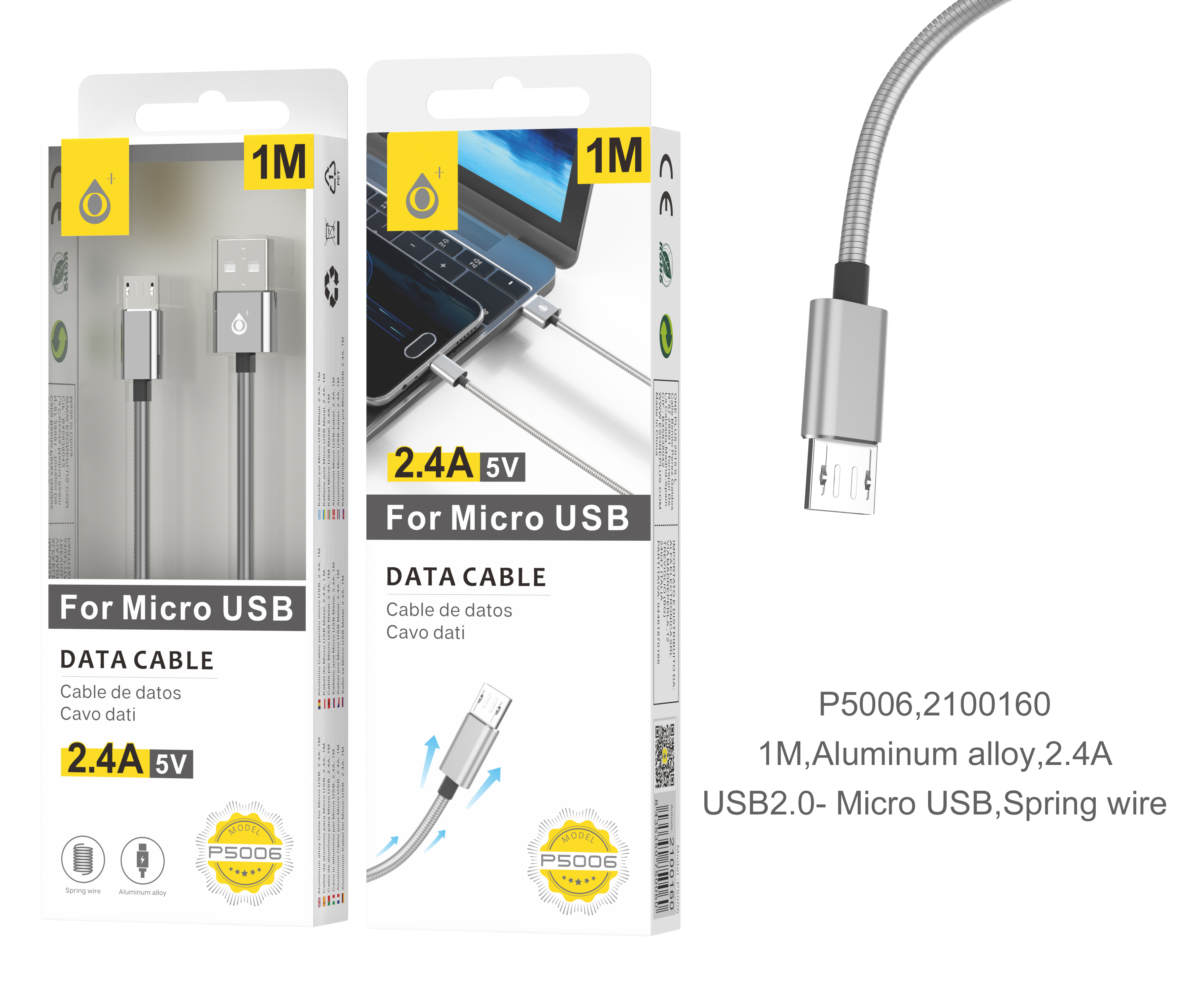 P5006 PL Cable de dato Merga Metalico para MicroUSB Plata, 2A, 1M