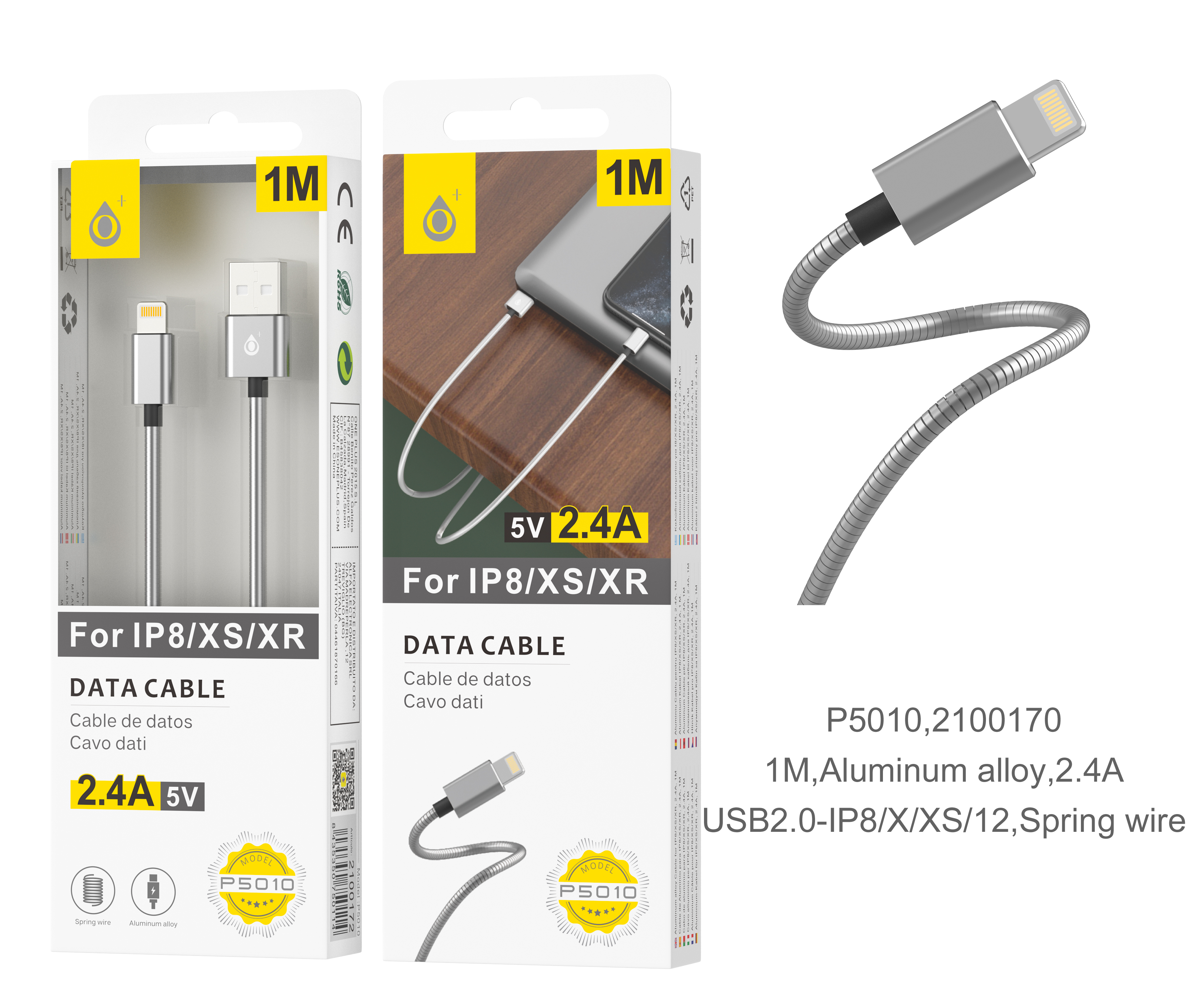 P5010 PL Cable de dato Merga Metalico para Iphone5/6/7 Plata, 2A, 1M