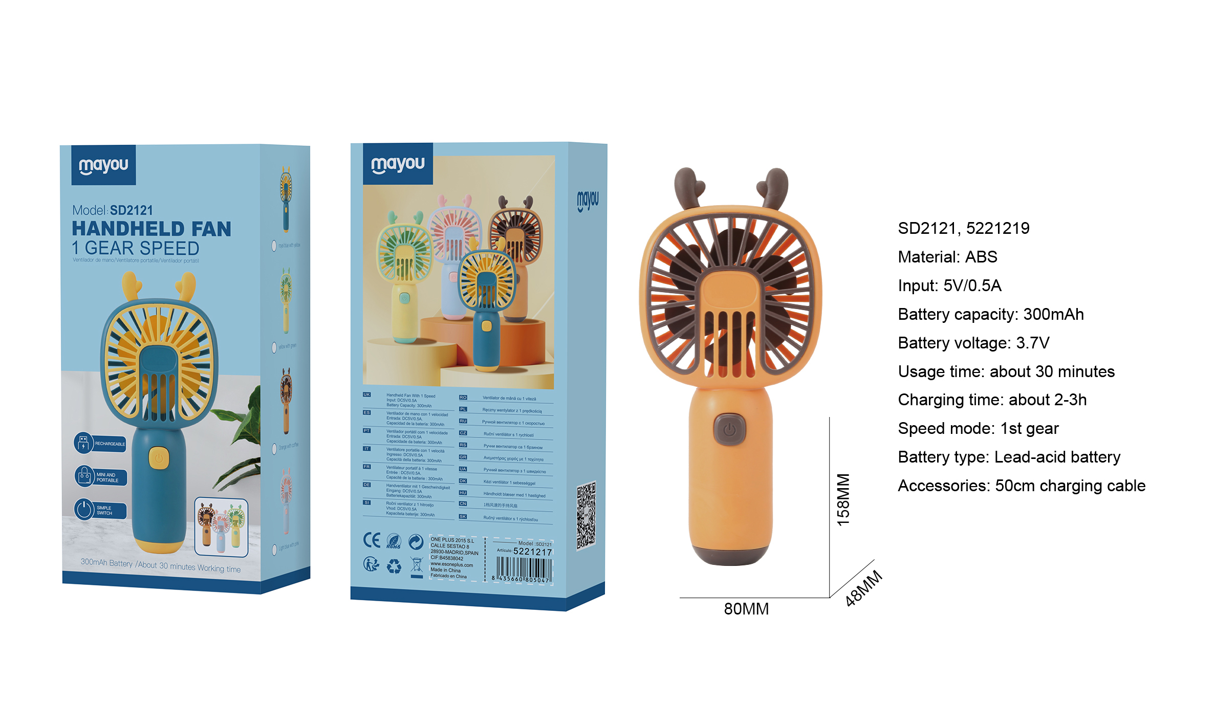 SD2121 Mini Ventilador de mano, 1 Velocidad, baterias recargable de plomo acido 300mAh, Naranja+Marr
