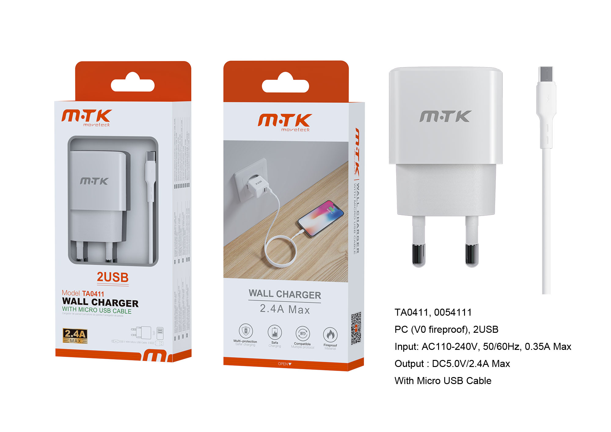 TA0411 BL Luxury Cargador de Red Ayme, 2 puerto USB-A, Con Cable Micro USB, 2.4A(Max), Blanco