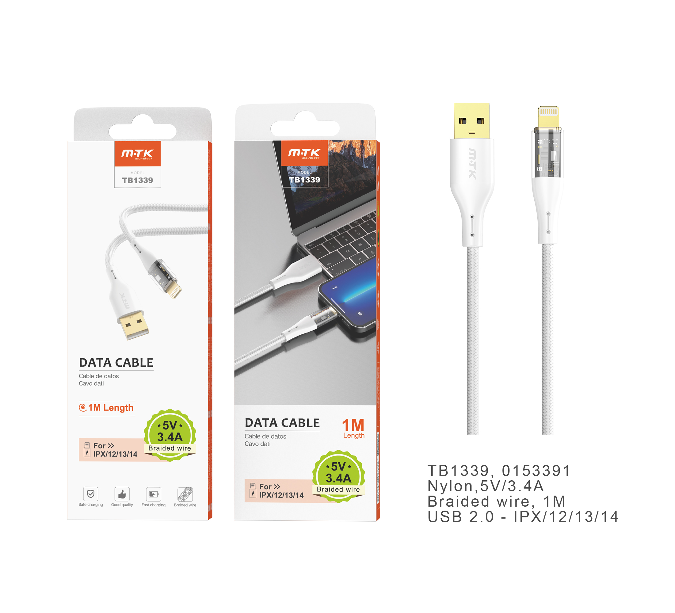 TB1339 BL Cable de datos Smith nylon trenzado para Iphone 5-14 , 5V/3.4A, 1M, Blanco