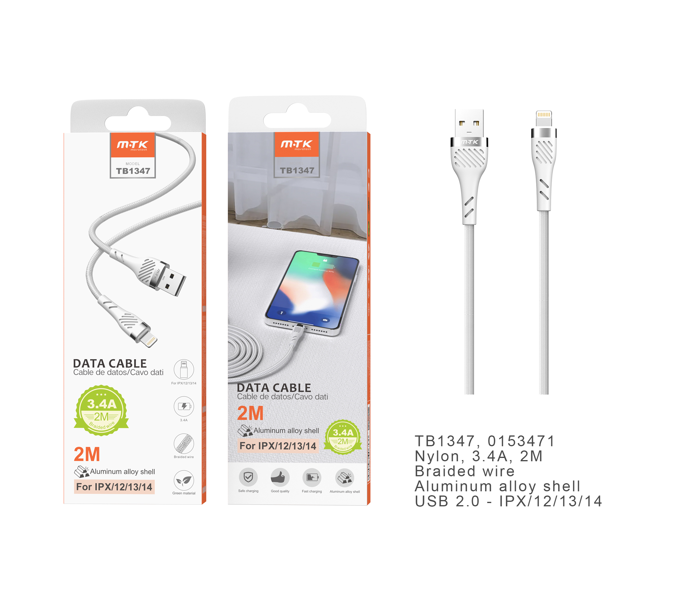 TB1347 BL Cable de datos Camyl nylon trenzado para Iphone, 2.4A, 2M, Blanco