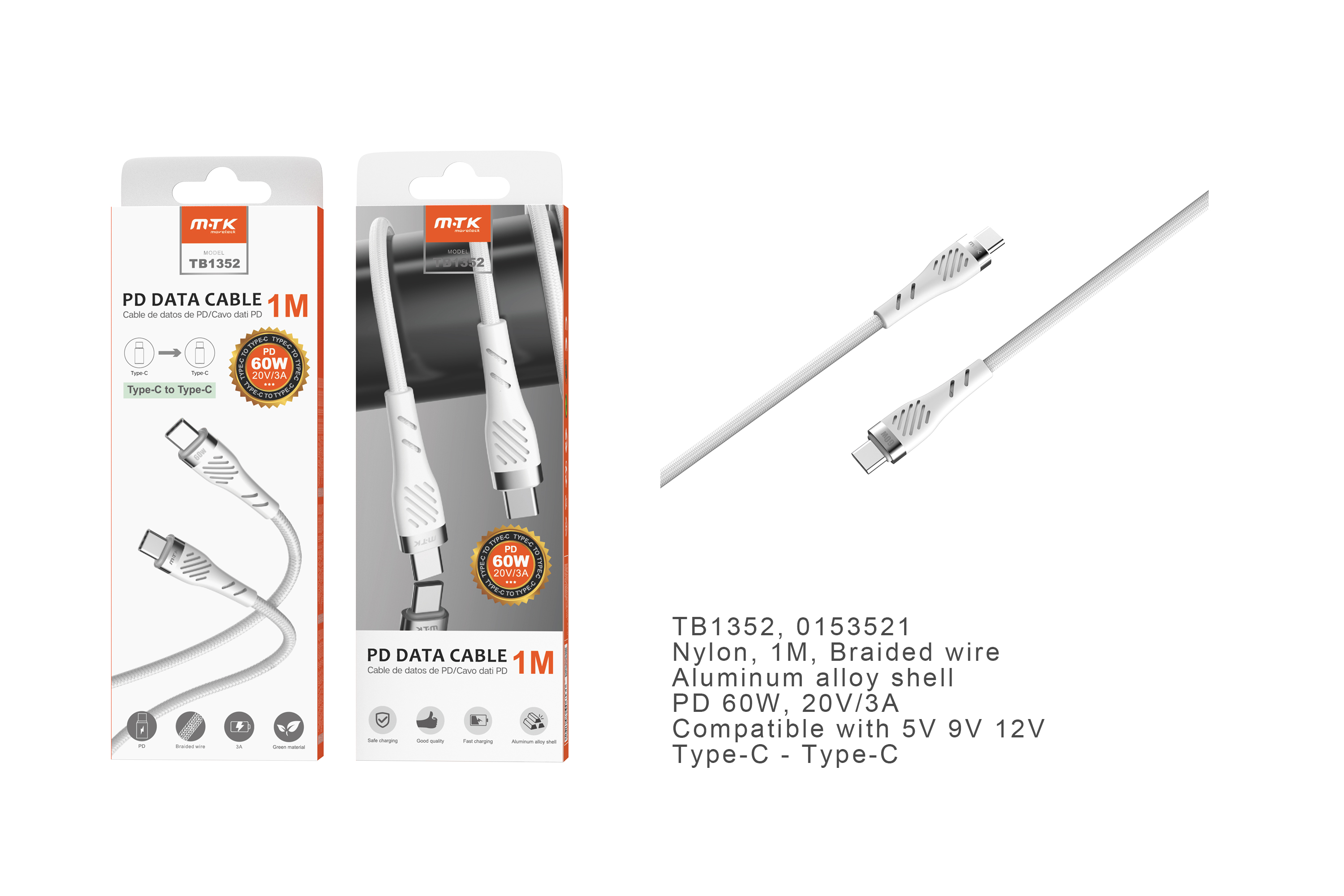 TB1352  BL Cable de Datos Camyl nylon trenzado , Type-C a Type-C ,Carga Rapida PD 60W/20V/3A , Cable