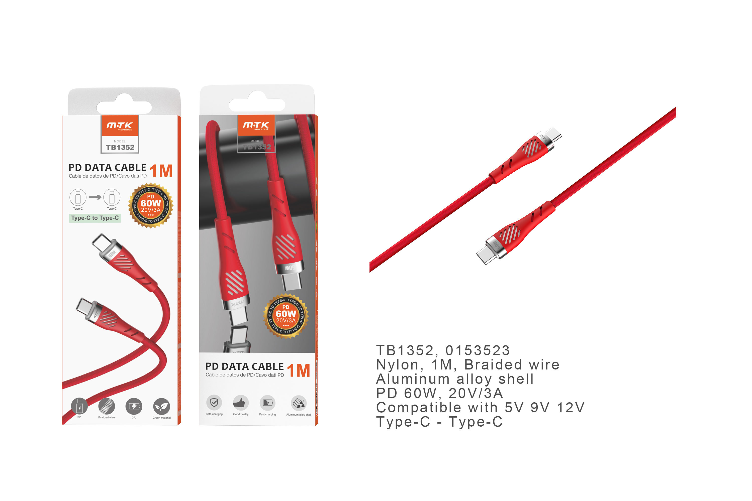 TB1352  RJ Cable de Datos Camyl nylon trenzado , Type-C a Type-C ,Carga Rapida PD 60W/20V/3A , Cable