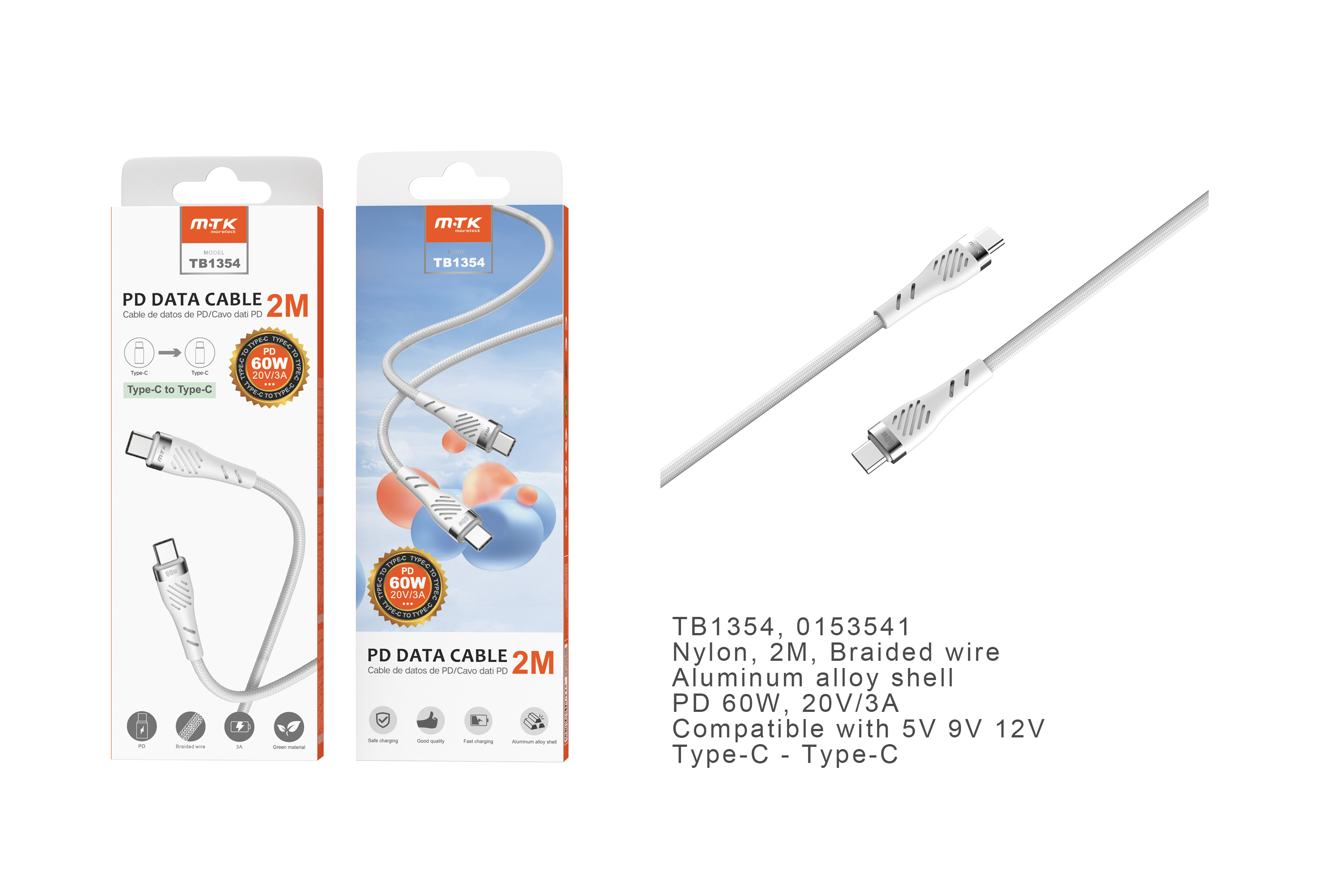 TB1354 BL Cable de datos Camyl nylon trenzado para Type-C a Type-C , Carga Rapida PD, 60W/20V/3A, 2M