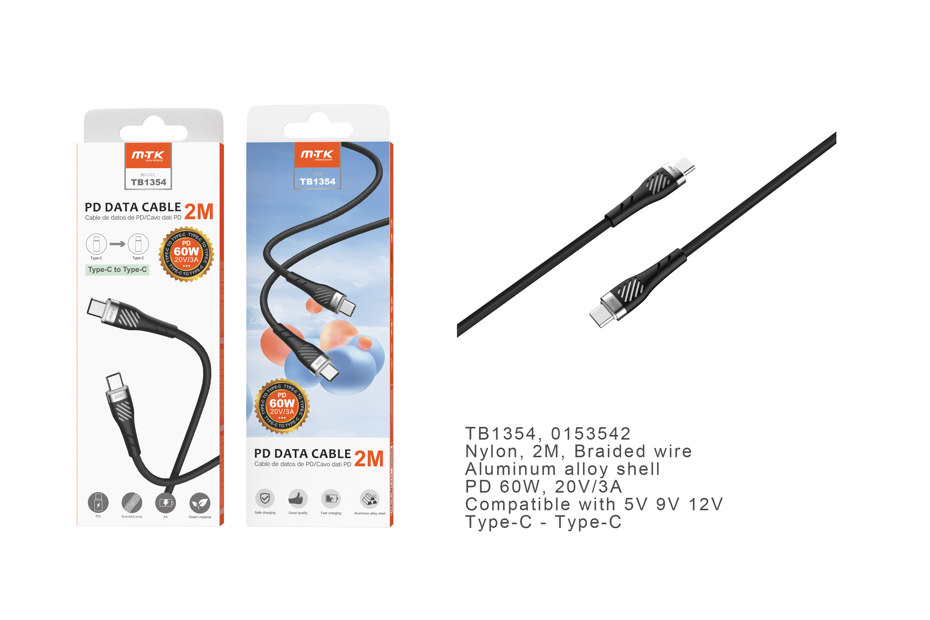 TB1354 NE Cable de datos Camyl nylon trenzado para Type-C a Type-C , Carga Rapida PD, 60W/20V/3A, 2M