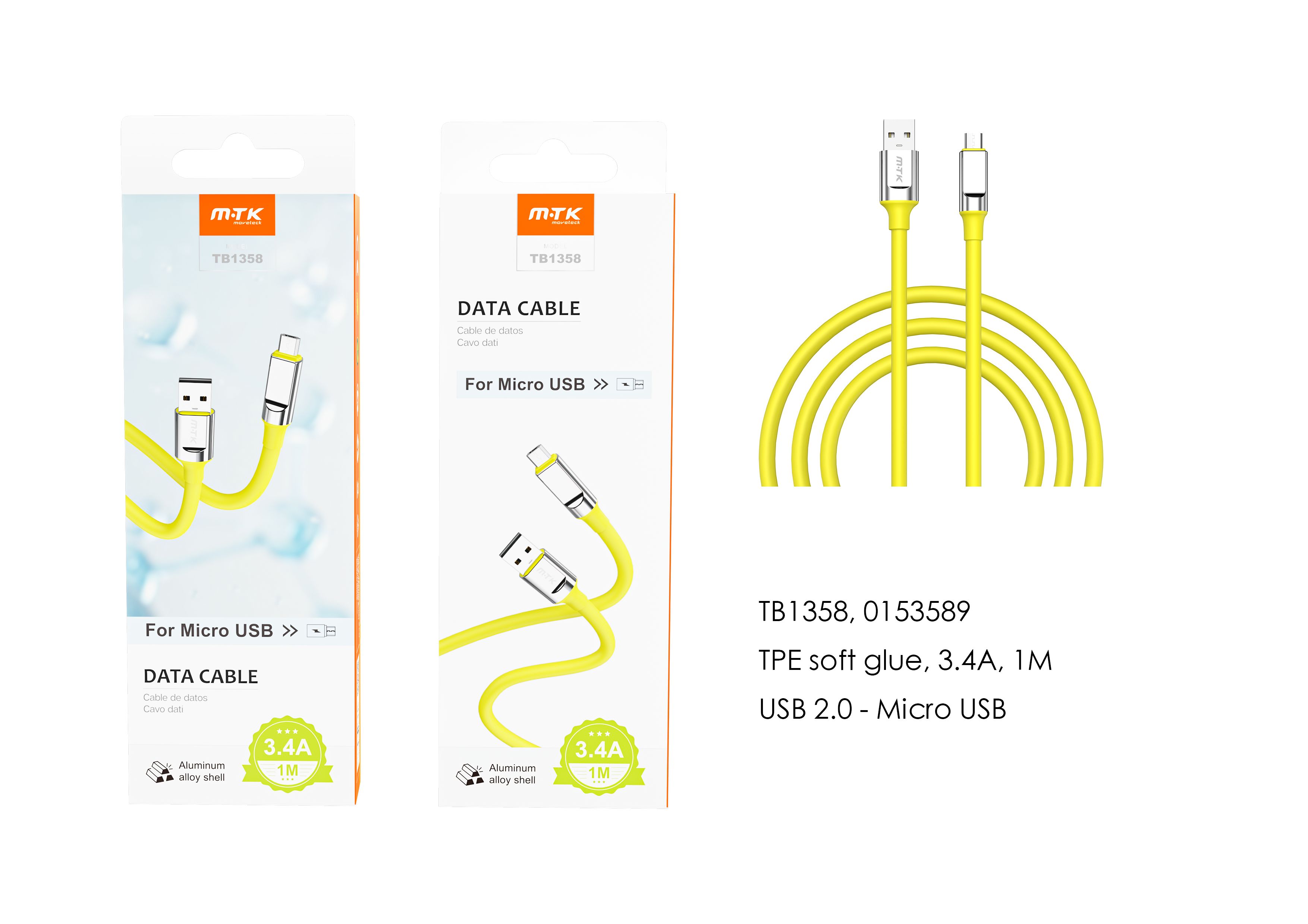 TB1358 AM Cable de Datos Cyril para Micro USB , 1M, 3.4A, Amarillo