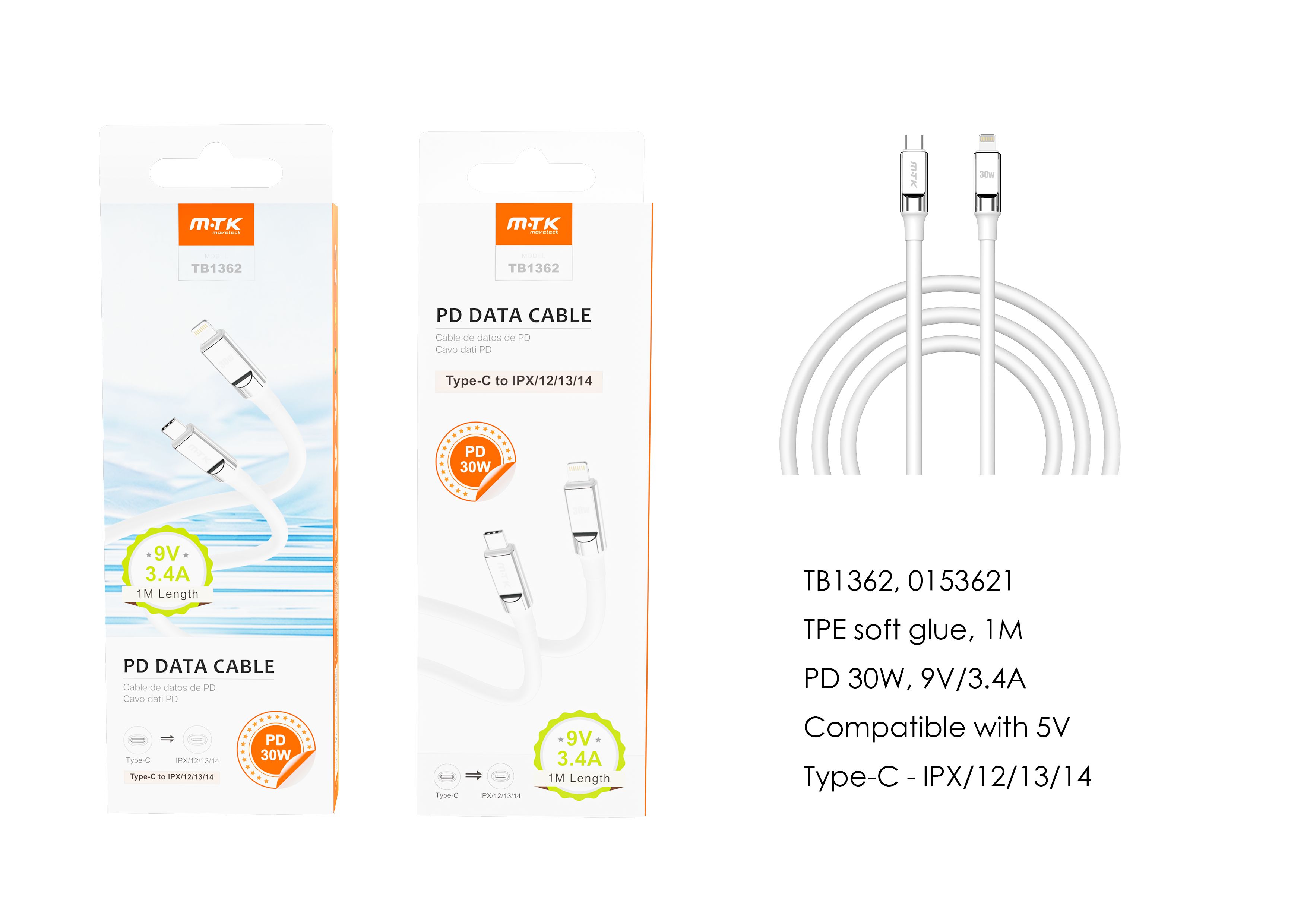 TB1362 BL Cable de datos Cyril para Type-C a Lightning , Carga Rapida PD, 30W/9V/3.4A, 1M, Blanco