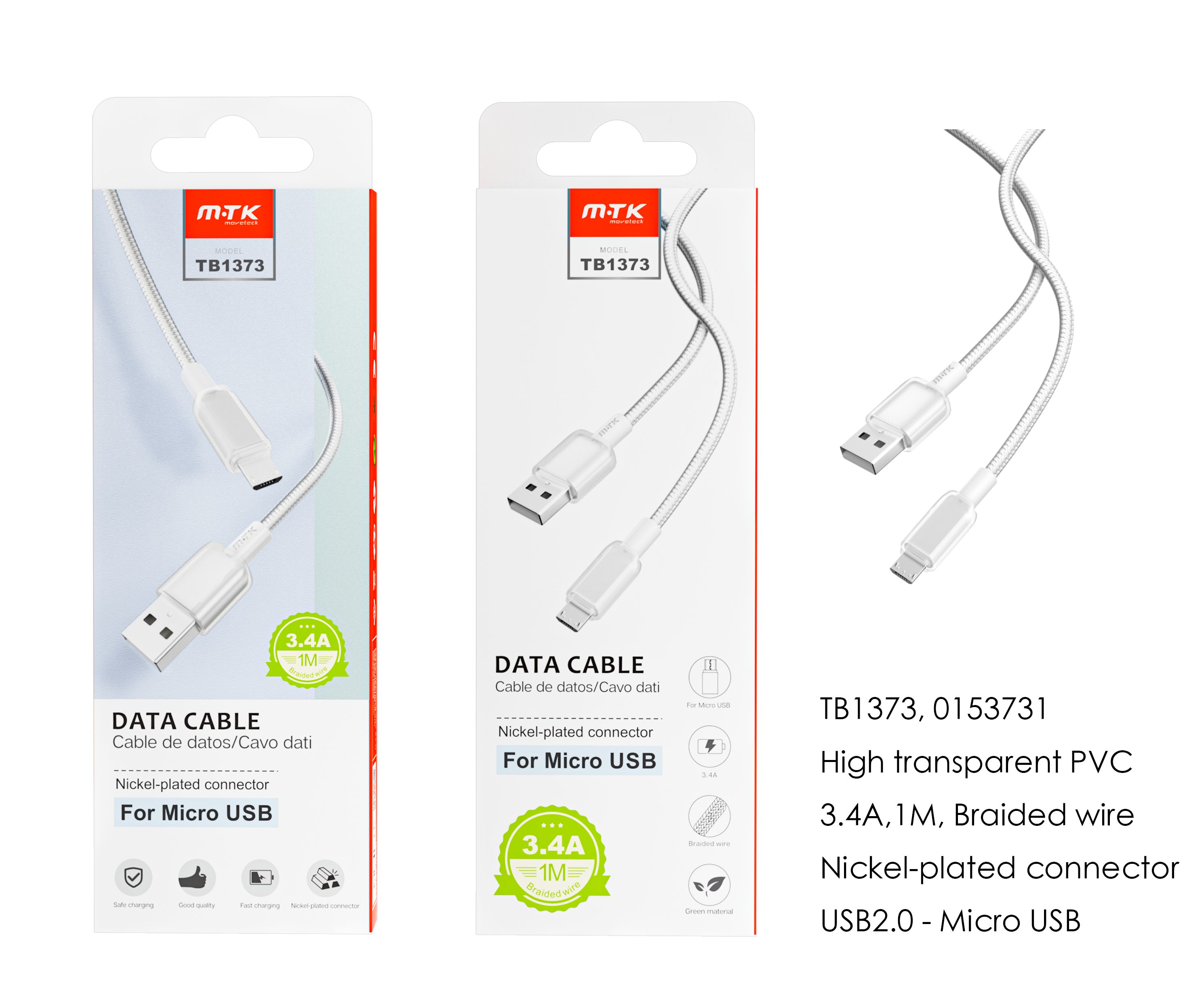 TB1373 BL Cable de datos Hebe PVC trenzado para Micro USB, 3.4A, 1M, Blanco