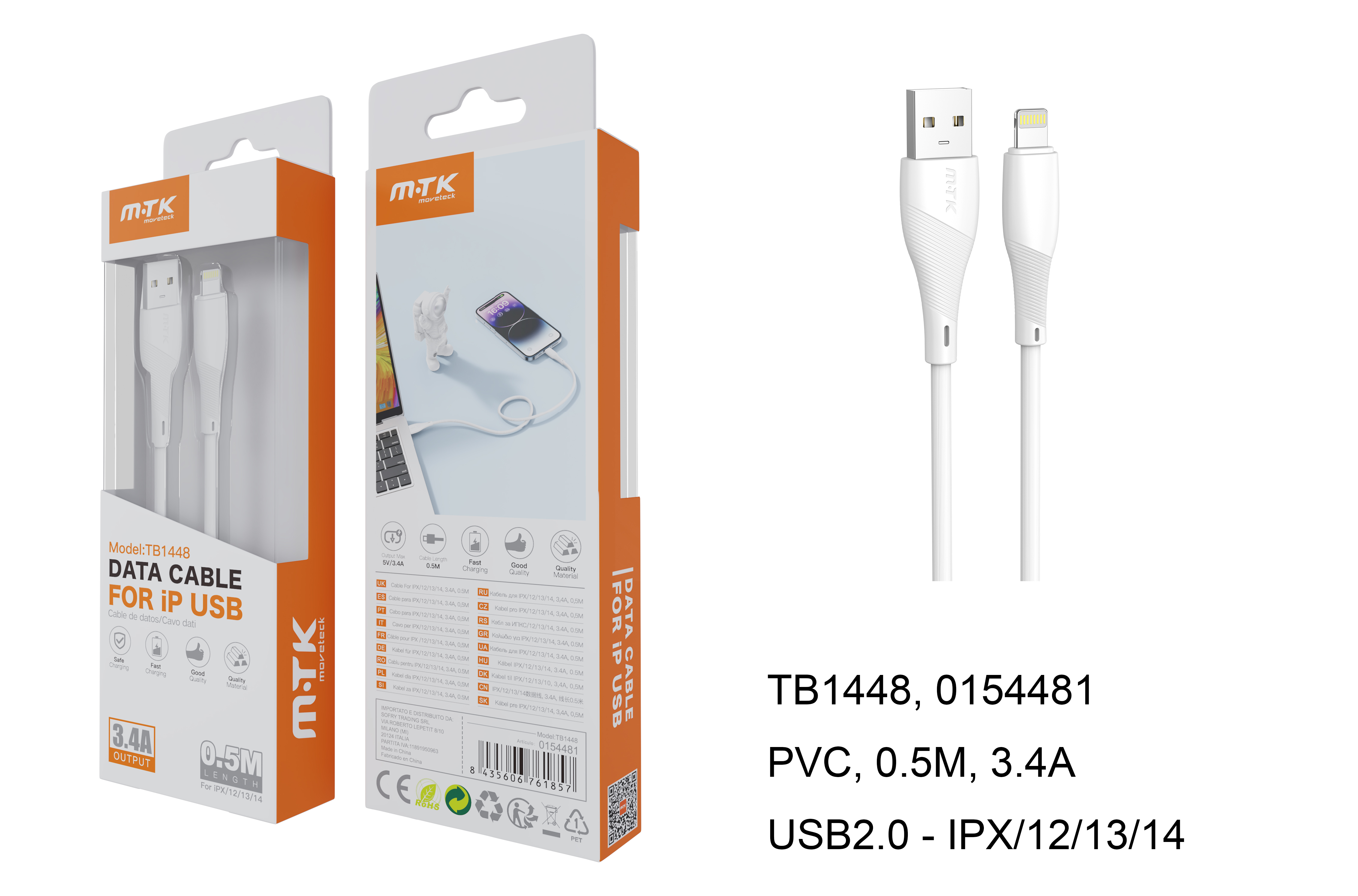 TB1448  BL Mini Cable de Datos Walsh para Iphone 5-14 , 3.4A, Cable 0.5M, Blanco